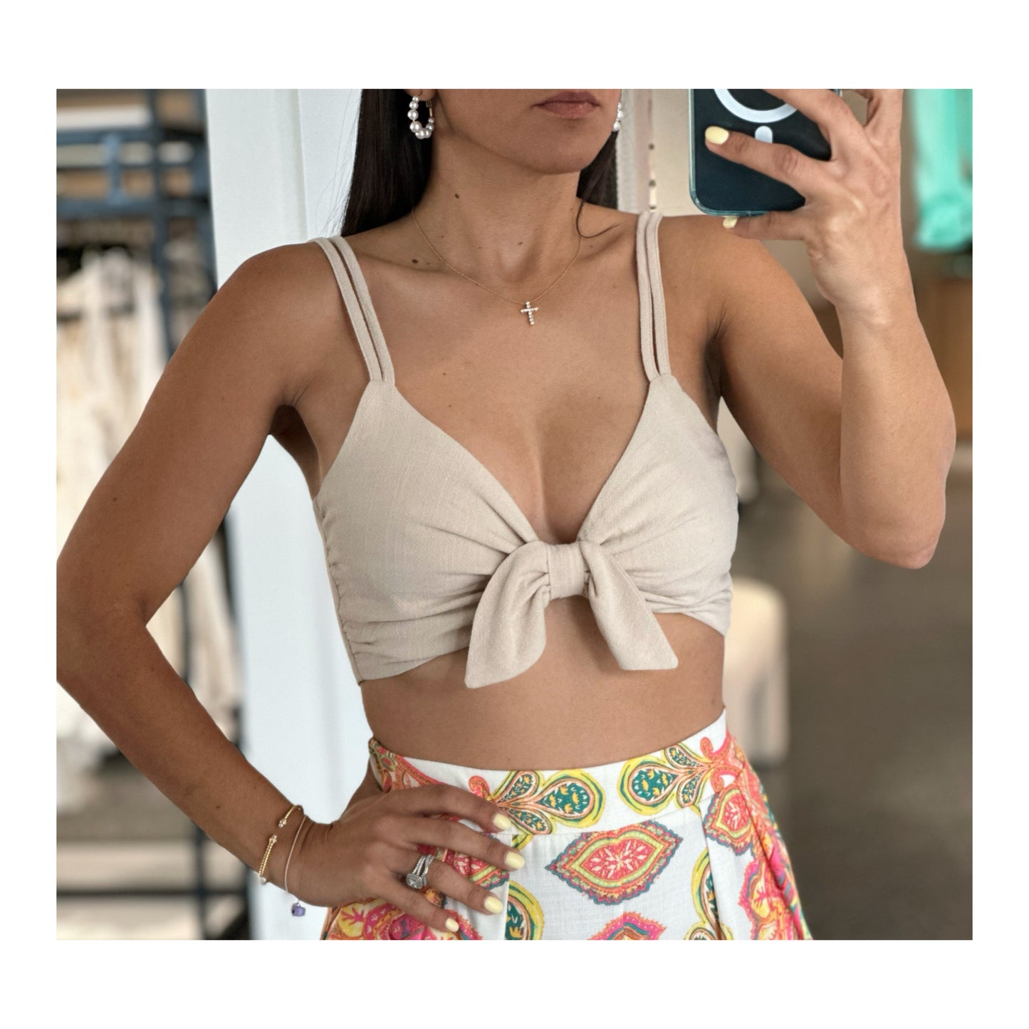 NATURAL LINEN RIBBON BRA TOP
