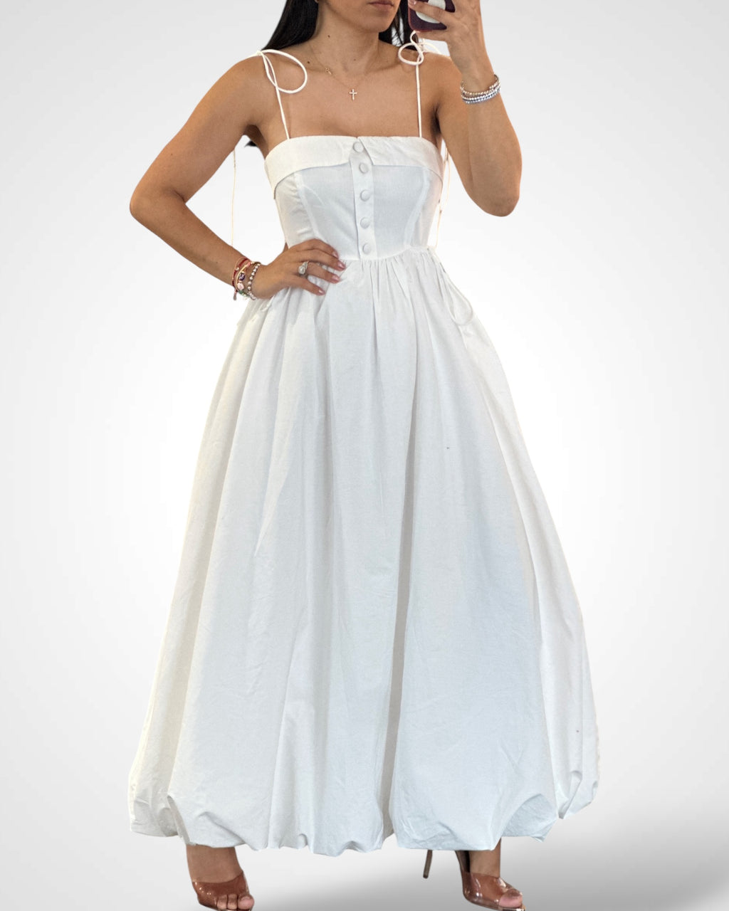 White Spagehtti Self Tie Strap Bubble Hem Midi Dress