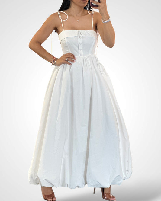 White Spagehtti Self Tie Strap Bubble Hem Midi Dress
