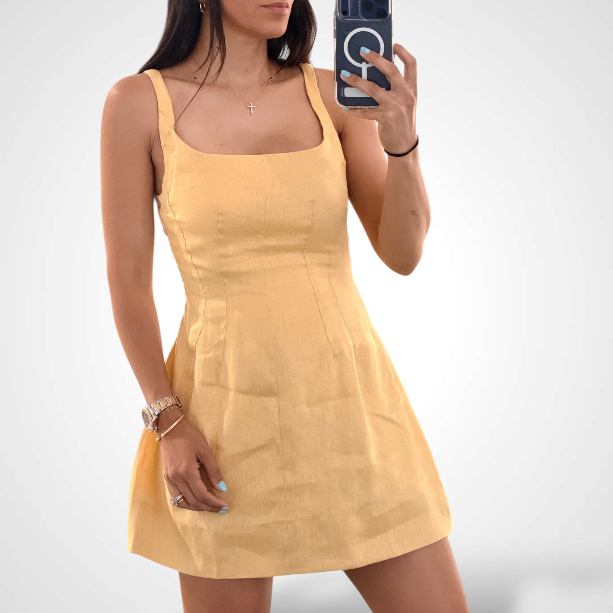 Yellow Linen Soft Color Square Neck Plain Mini Dress•-2