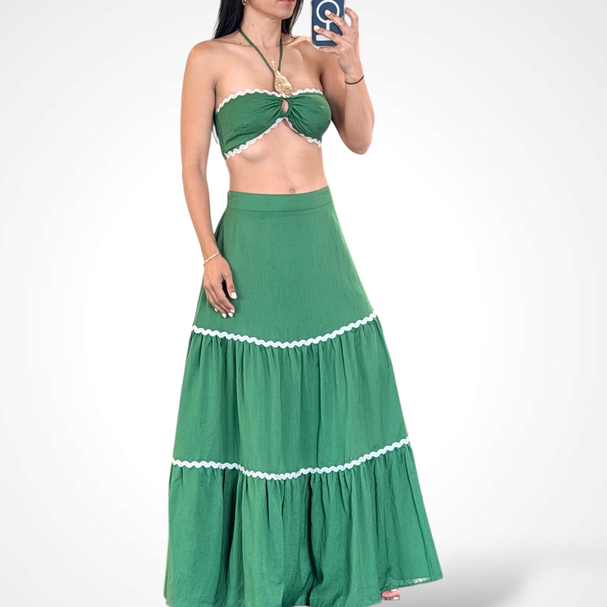 SJQ-Green Sleeveless Crop Top Elastic Waist Skirt Trim Set