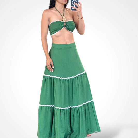 SJQ-Green Sleeveless Crop Top Elastic Waist Skirt Trim Set