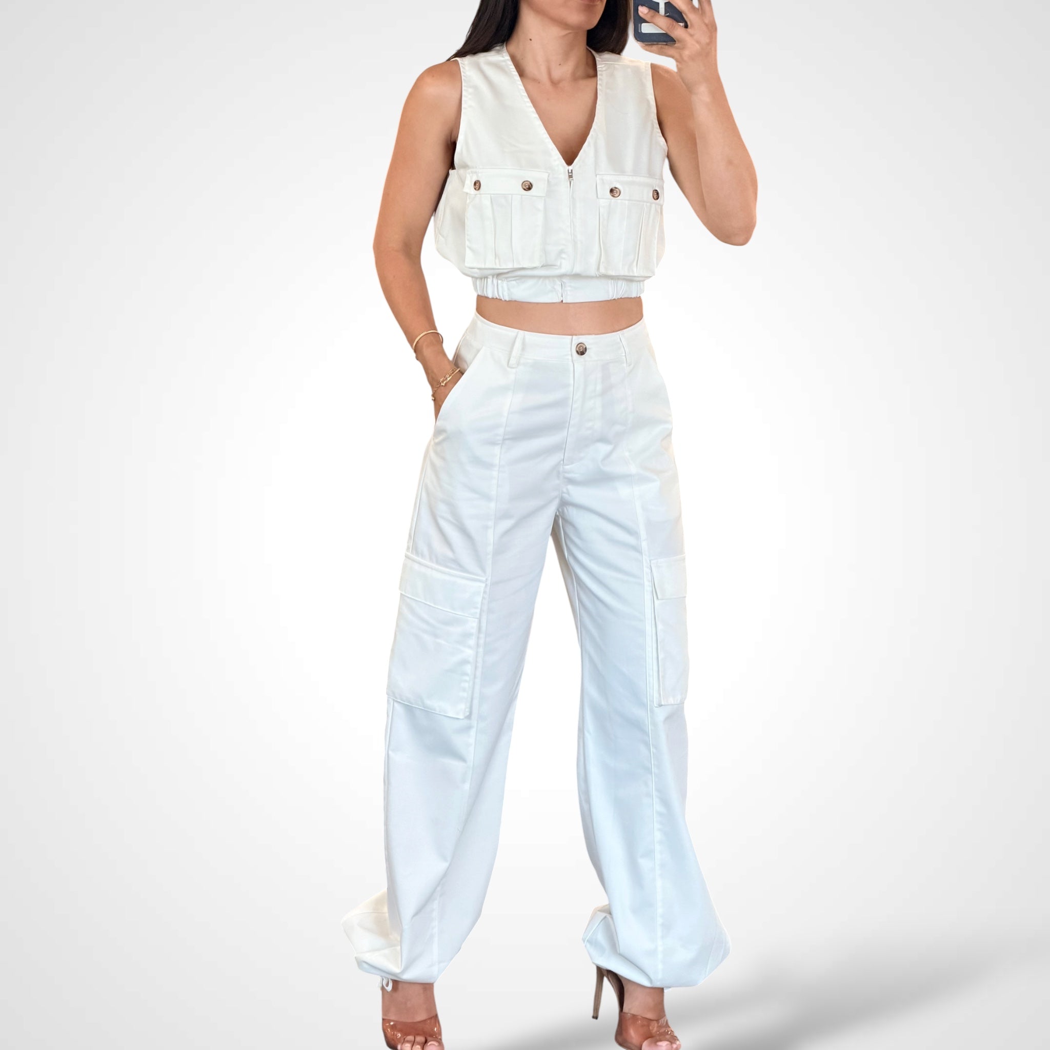 Solid Zip Up Top & Cargo Pants 2pc Set•-1