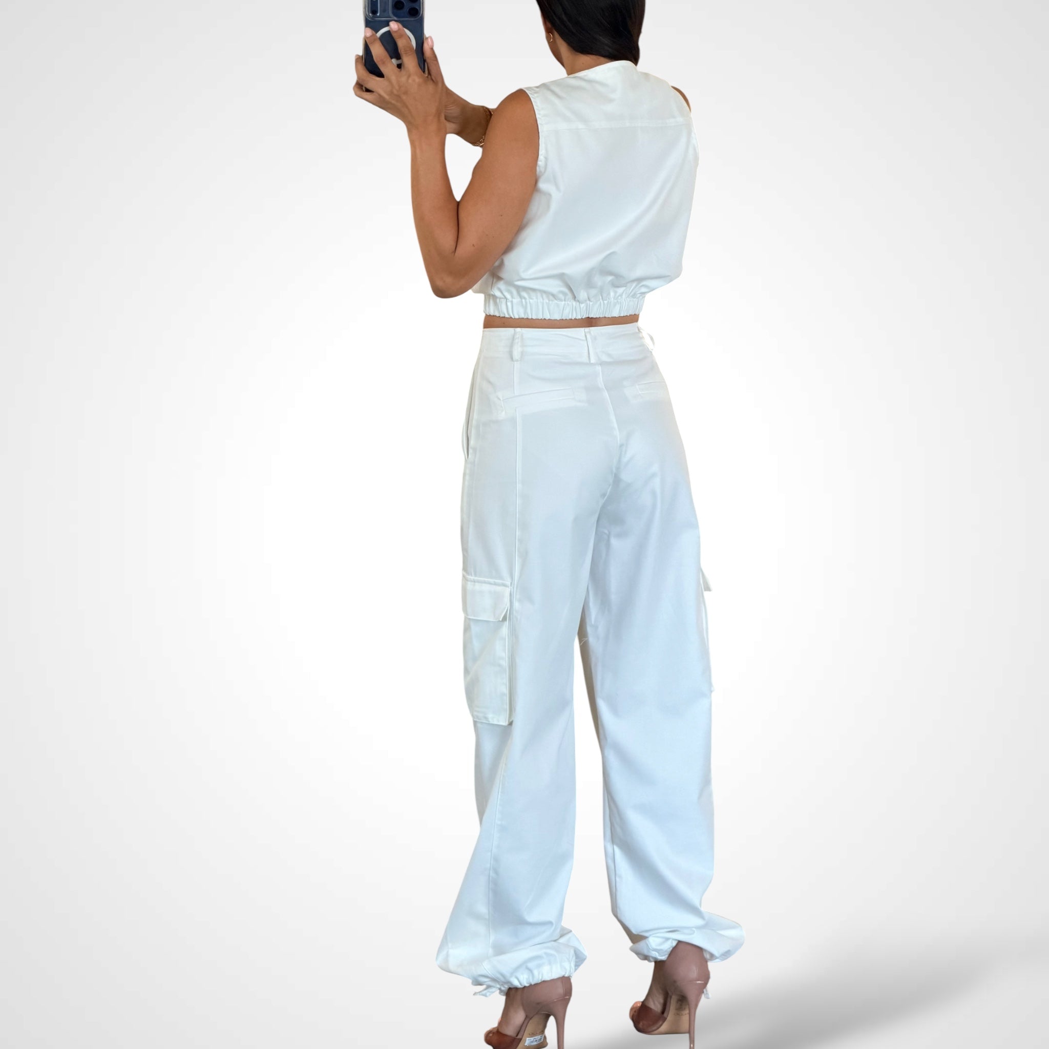 Solid Zip Up Top & Cargo Pants 2pc Set•-3