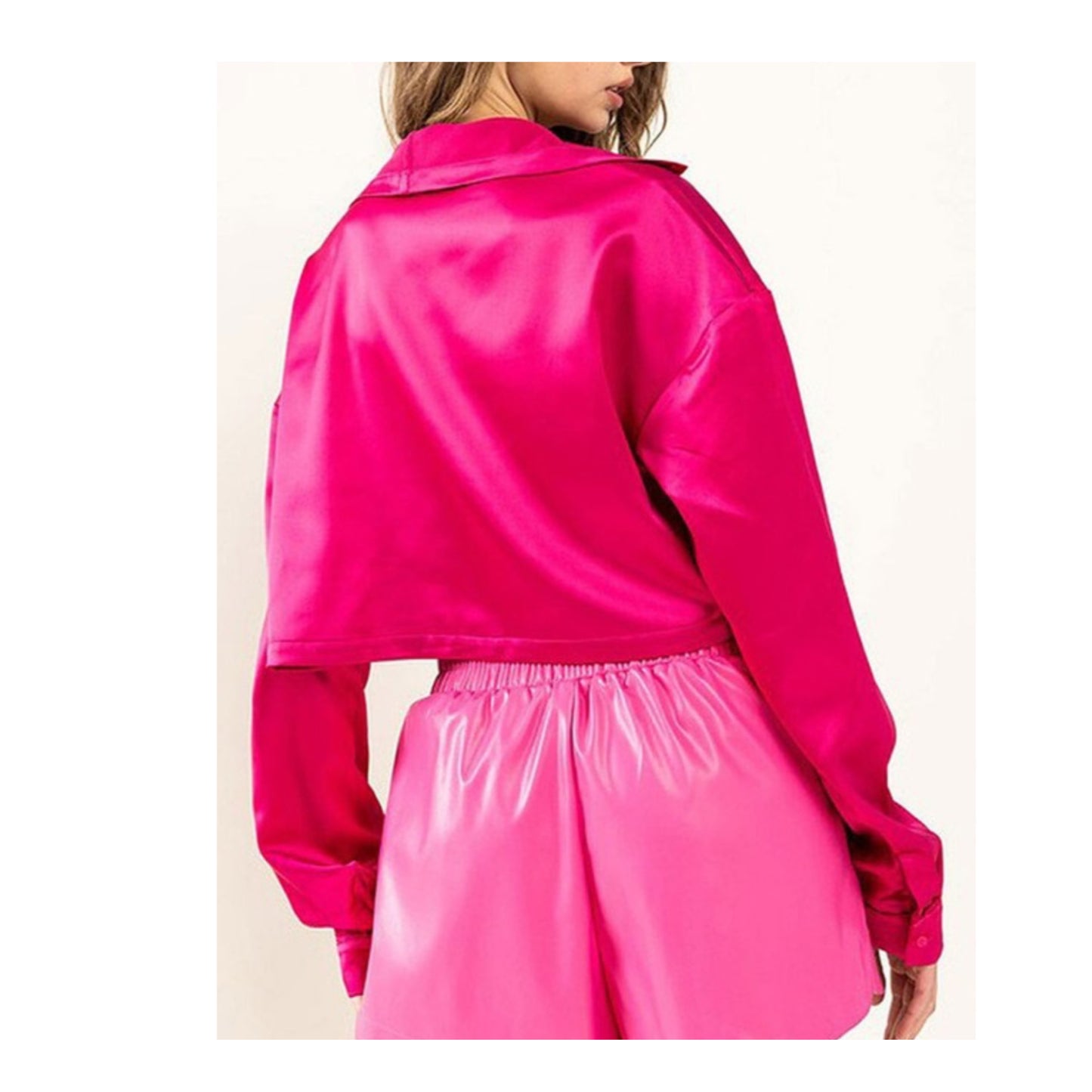 MAGENTA LONG SLEEVE BUTTON UP SATIN BLOUSE TOP