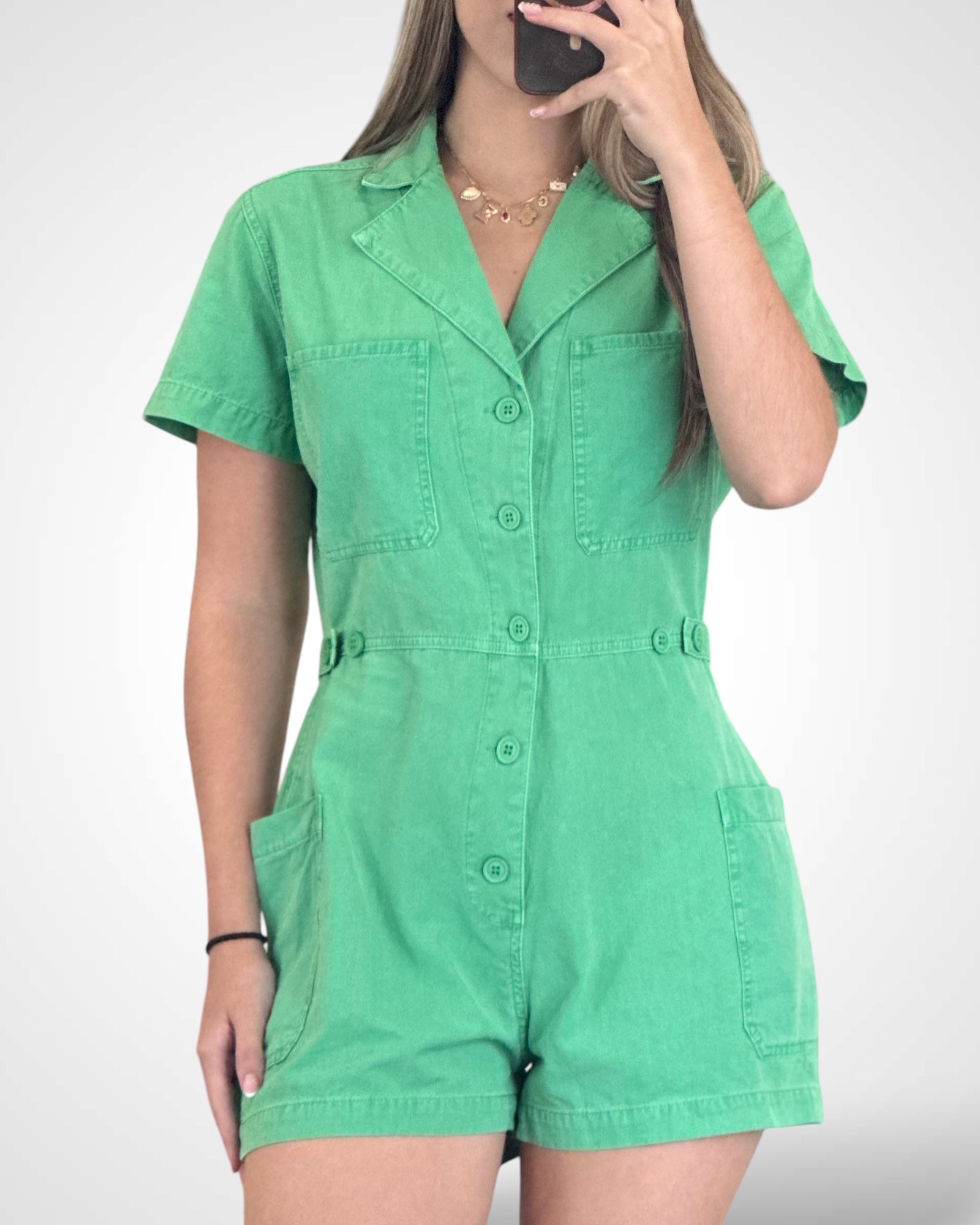 GREEN BUTTON UP ROMPER