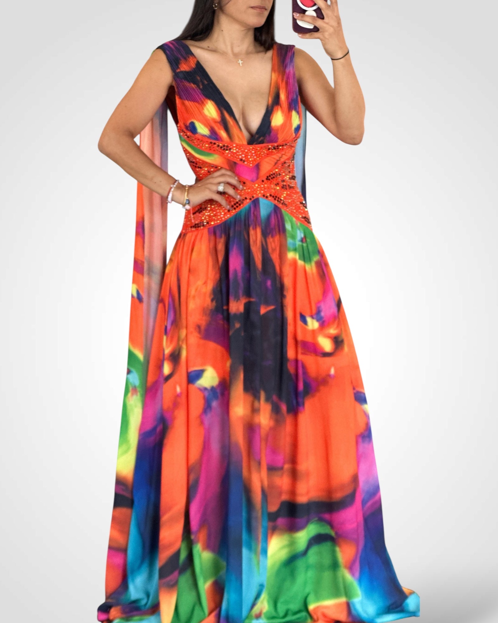 BACKLESS DEEP V-NECK FLORAL MAXI DRESS