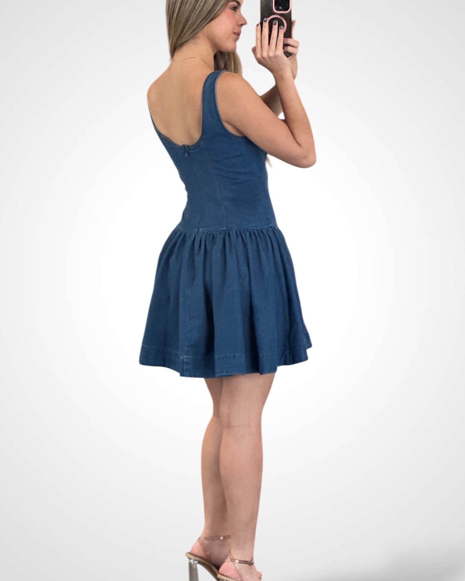 Denim Button Front Low Waist Mini Dress•-3