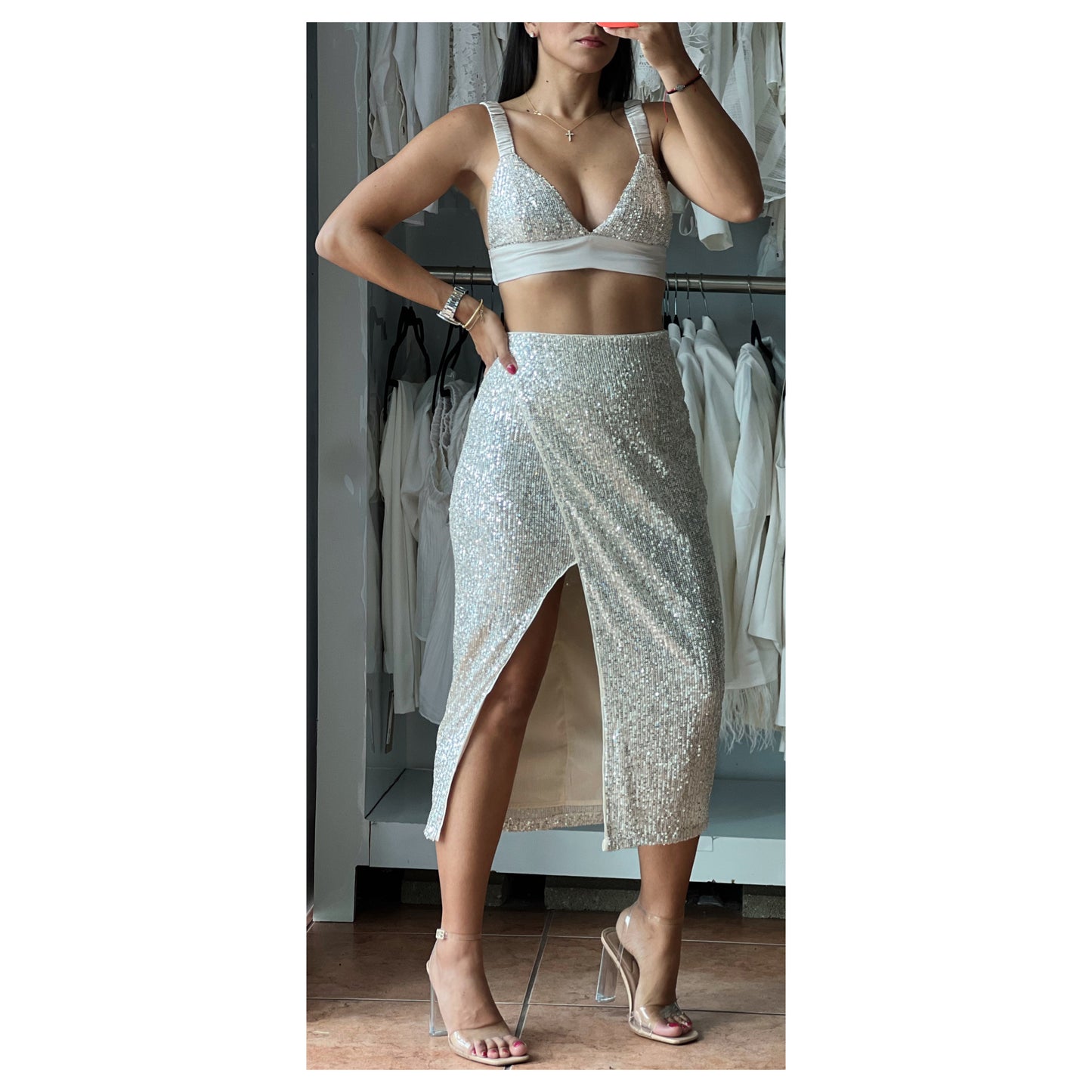 Ivory Sequin Side Slit Skirt