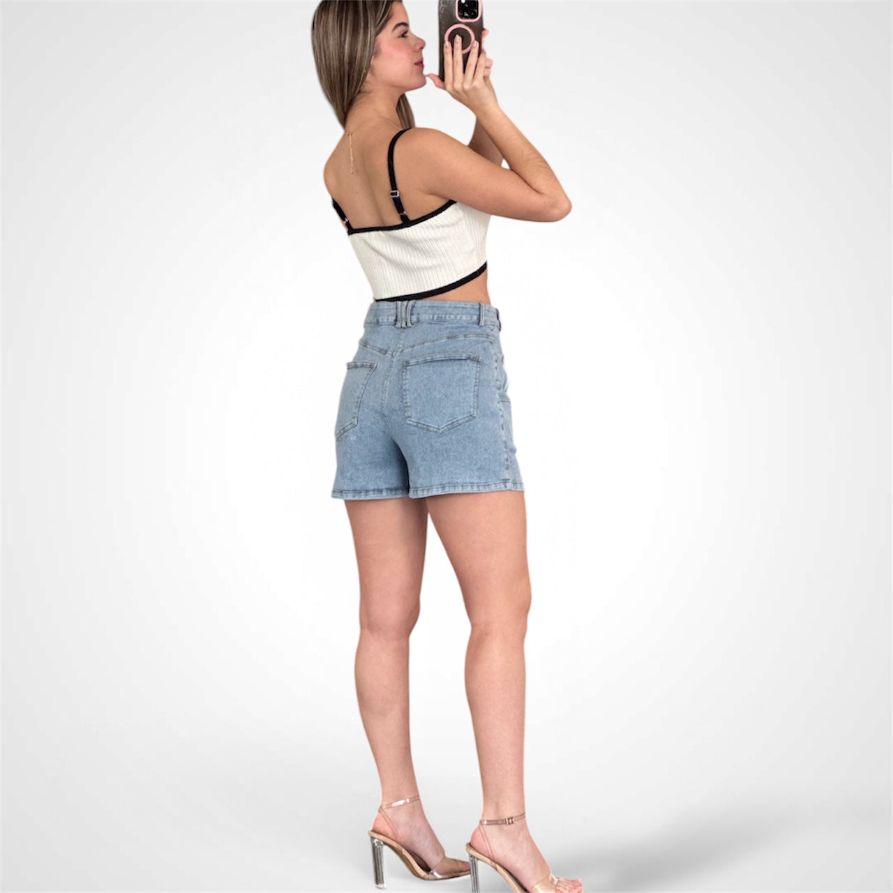 DOUBLE BREASTED BUTTON DETAIL DENIM SHORT•-4