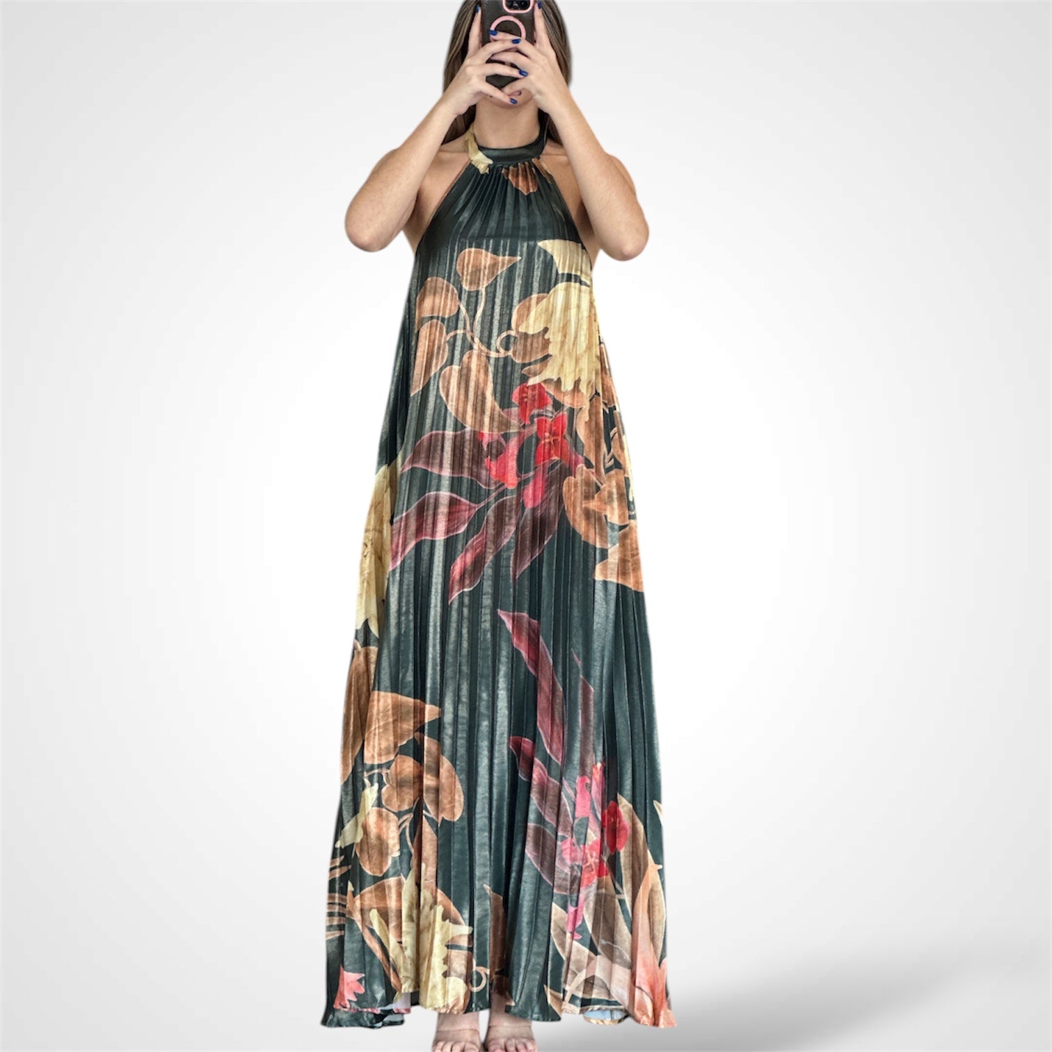 PLEATED FLORAL PRINT HALTER MAXI DRESS•-1