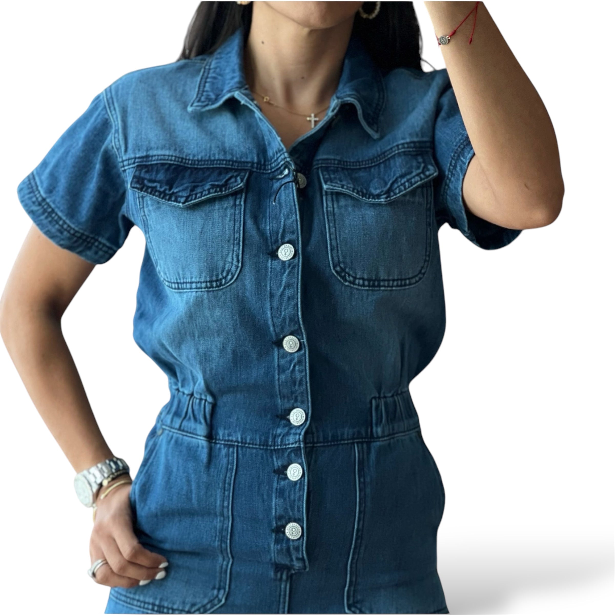 Collared Button Front Denim Jumpsuit