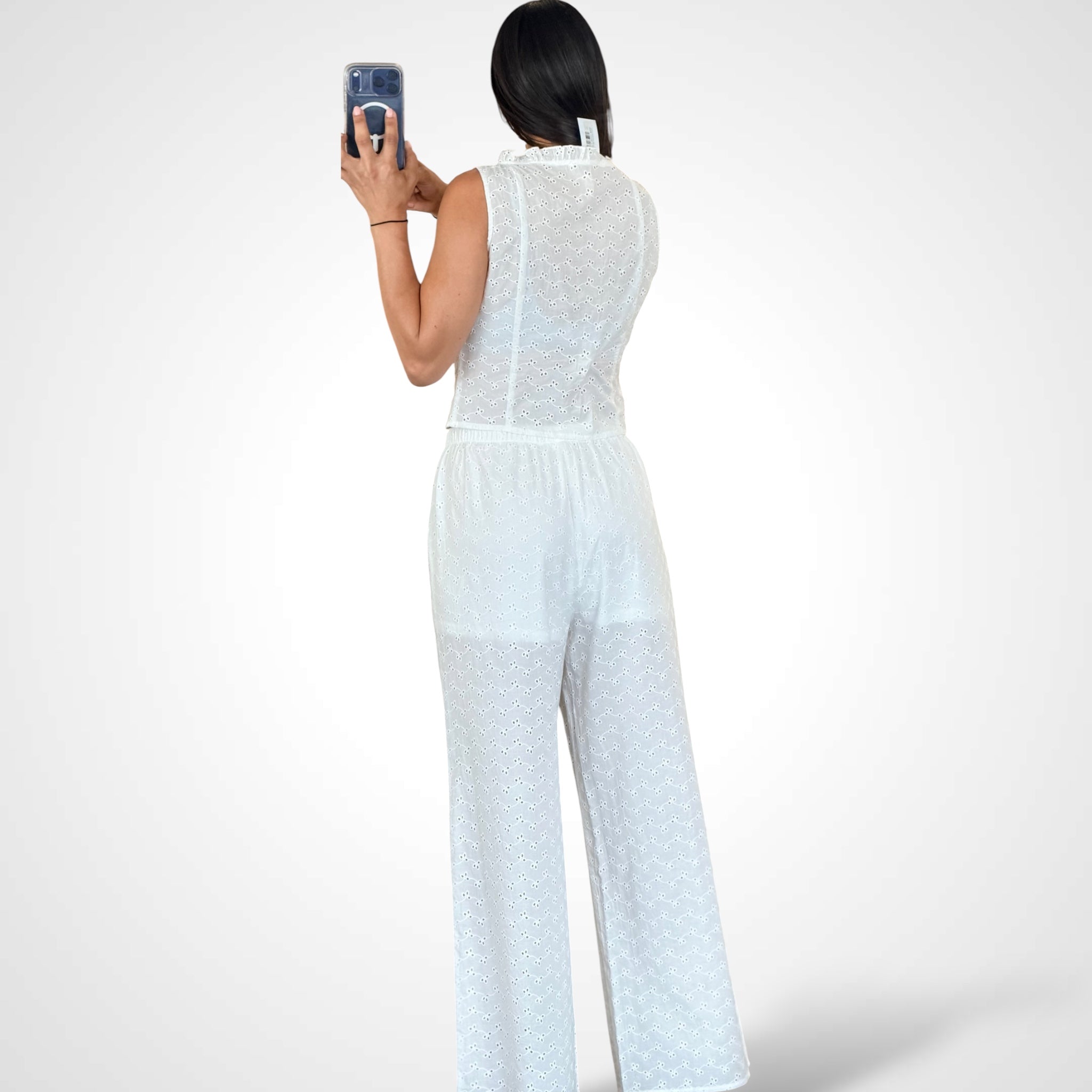Button Up Top & Elastic Waist Wide Leg Pants Eyelet 2pc Set•-3