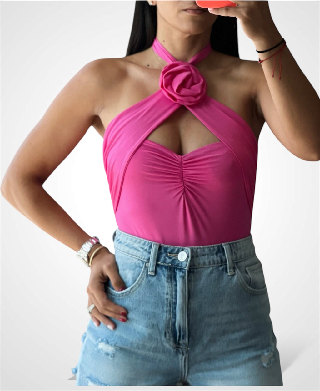 SATIN FLOWER DETAIL HALTER CUT OUT BODYSUIT (FUCHSIA)