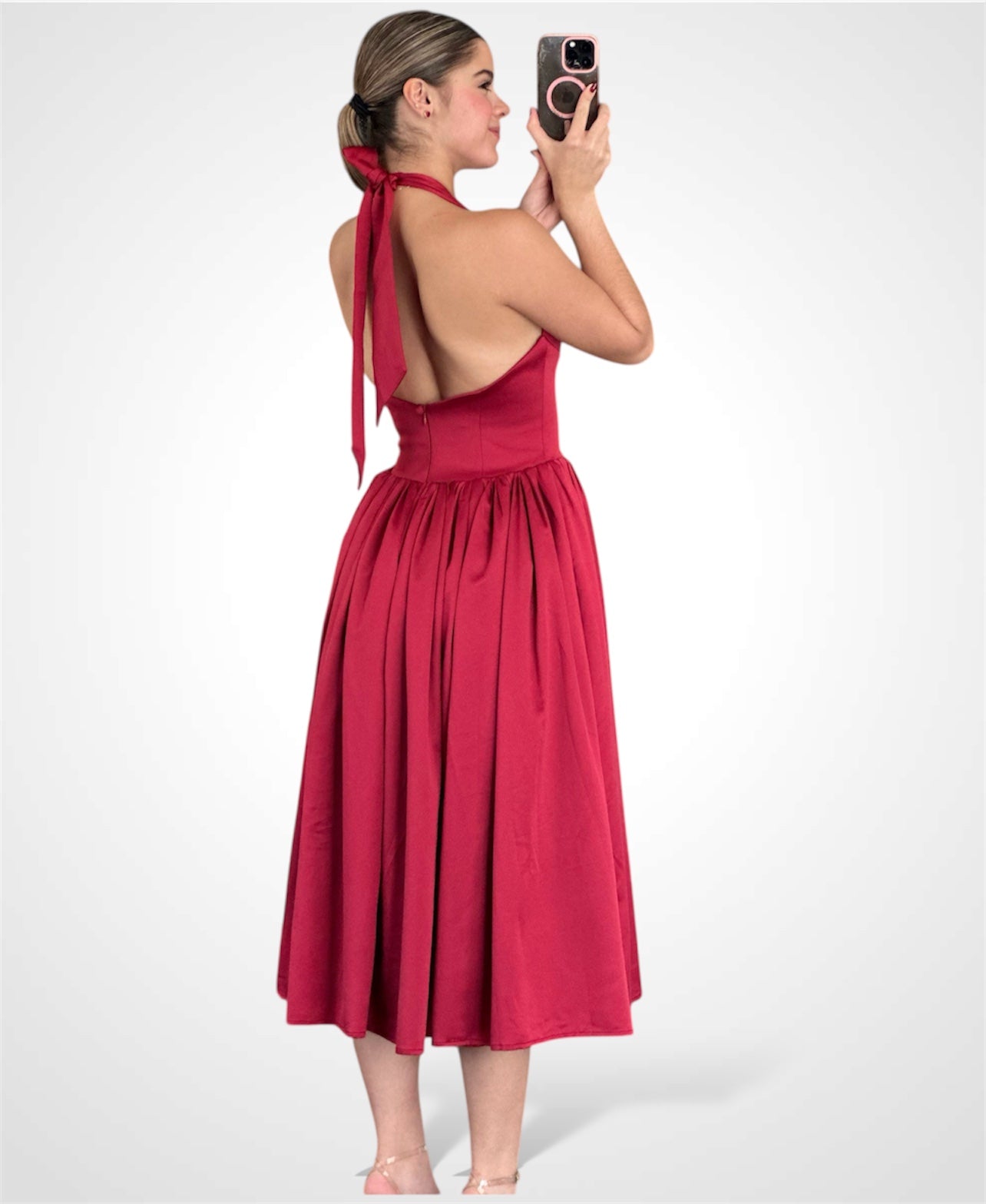 CARA RED PLUNGING HALTER BACKLESS MAXI DRESS•-2