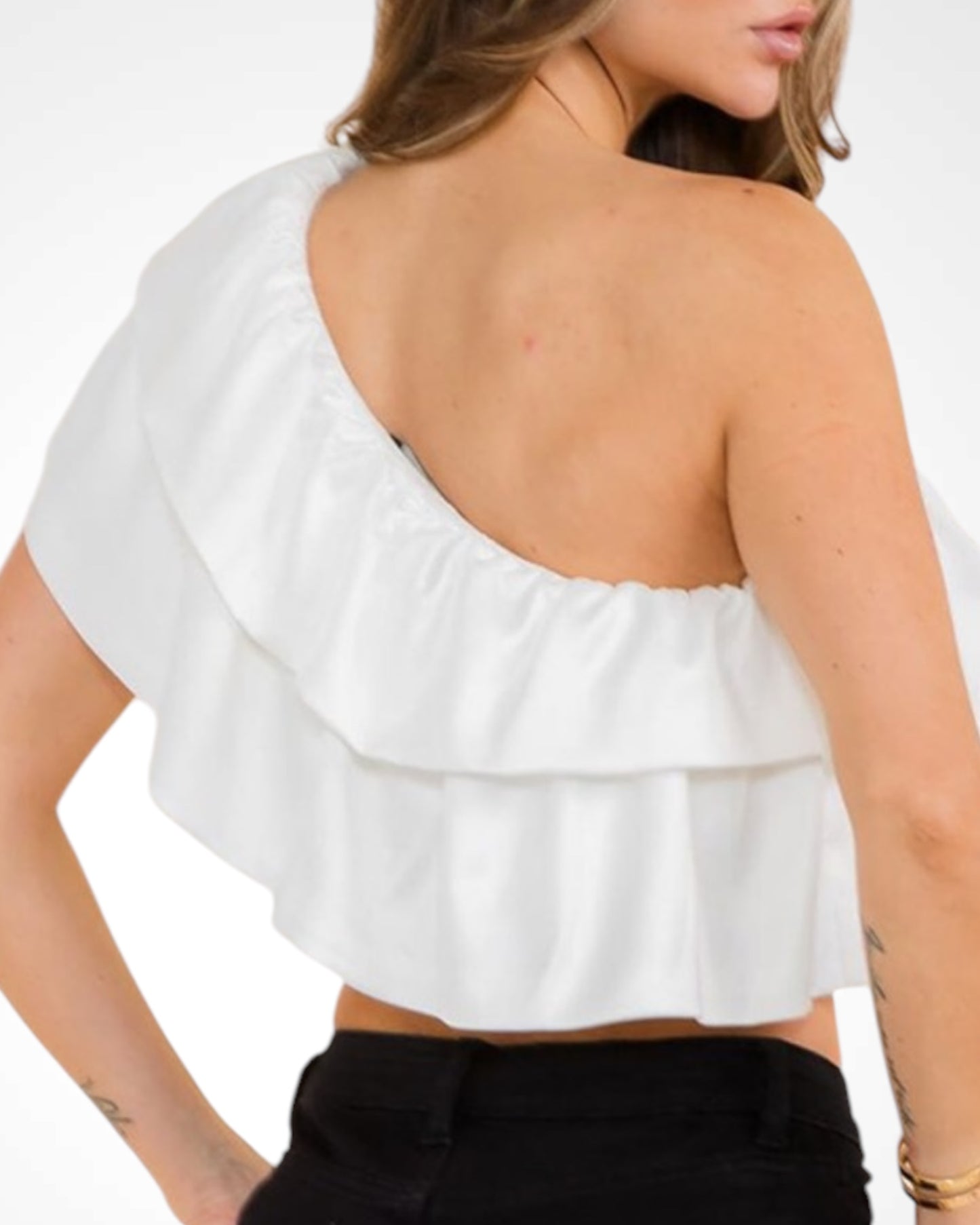 SOLID ONE SHOULDER RUFFLE DETAIL CROP TOP