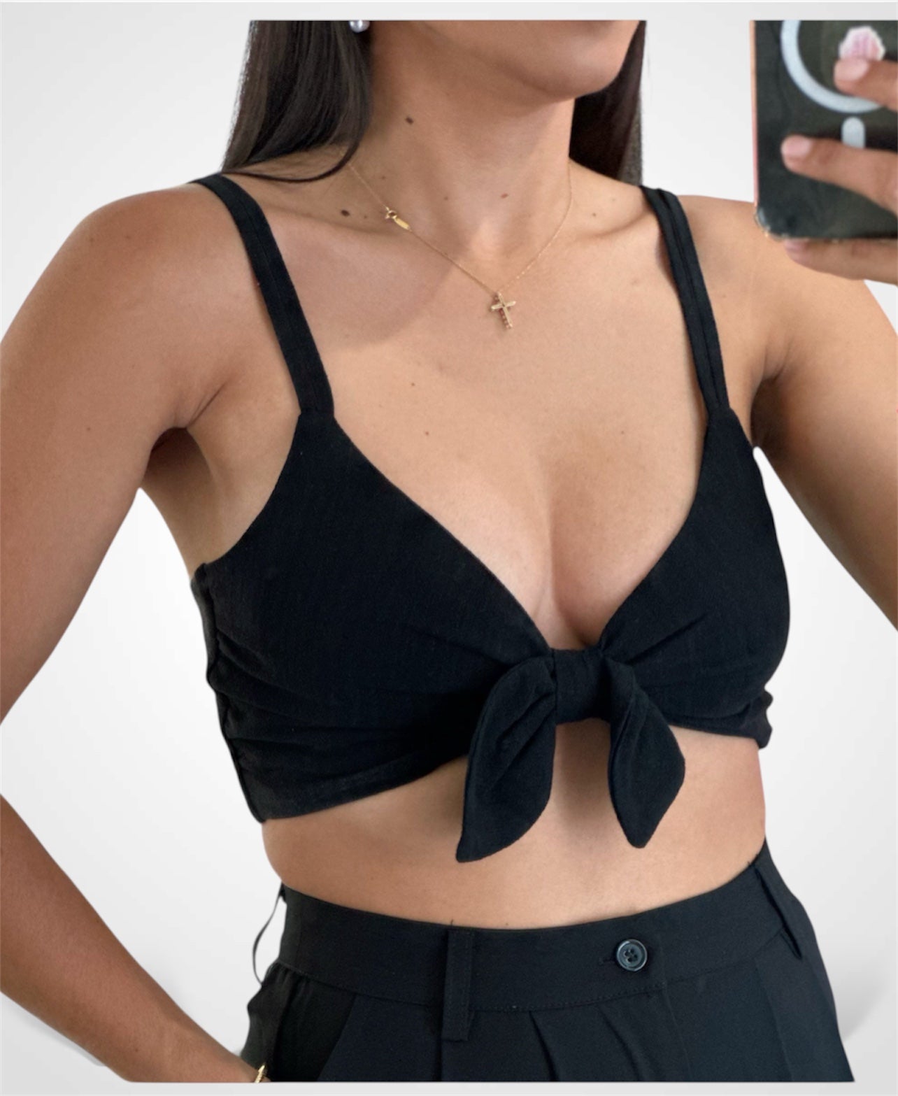 BLACK LINEN RIBBON BRA TOP•