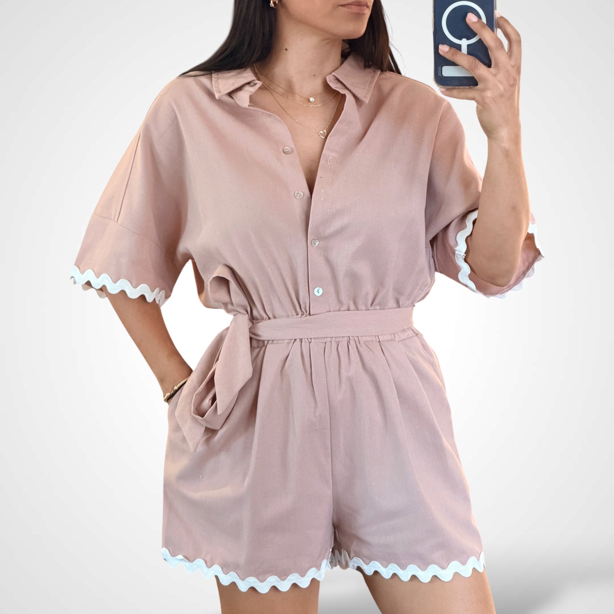 Button Up Self Tie Fron Pockets Trim Detailed Linen Romper•-2