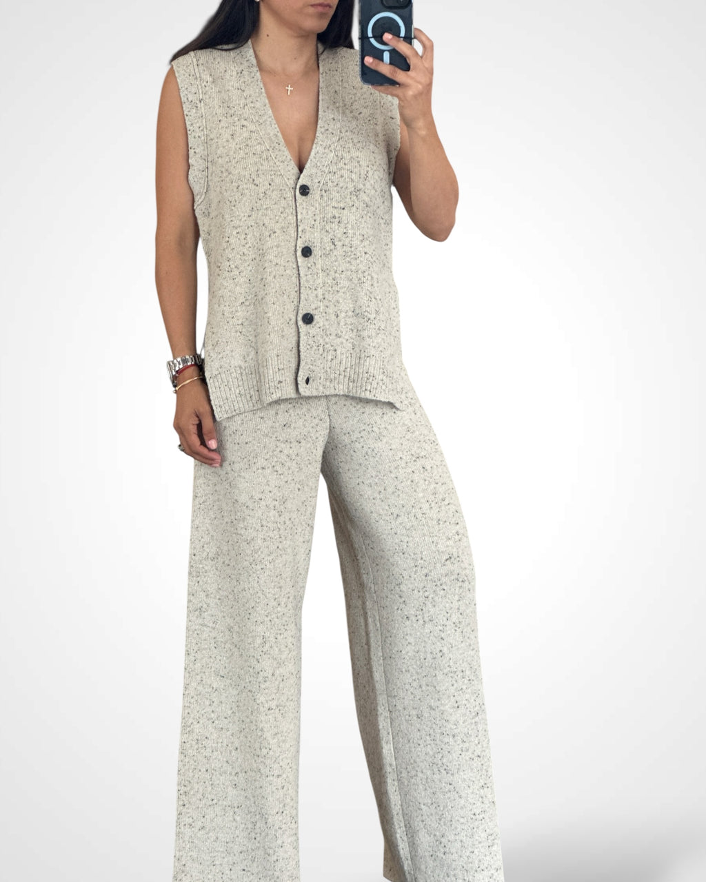 RELAXED FIT KNIT VEST TOP AND LONG PANTS SET