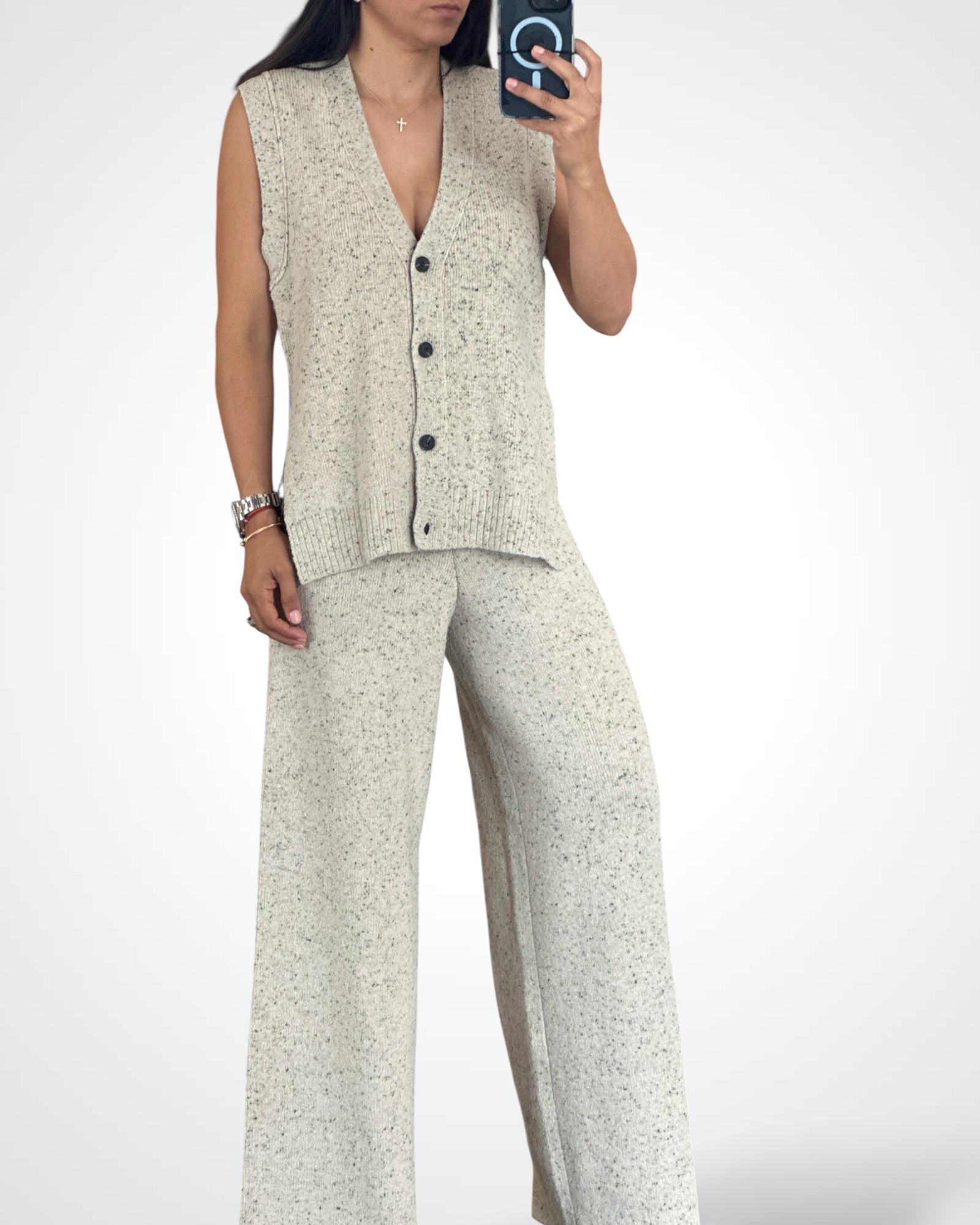 RELAXED FIT KNIT VEST TOP AND LONG PANTS SET