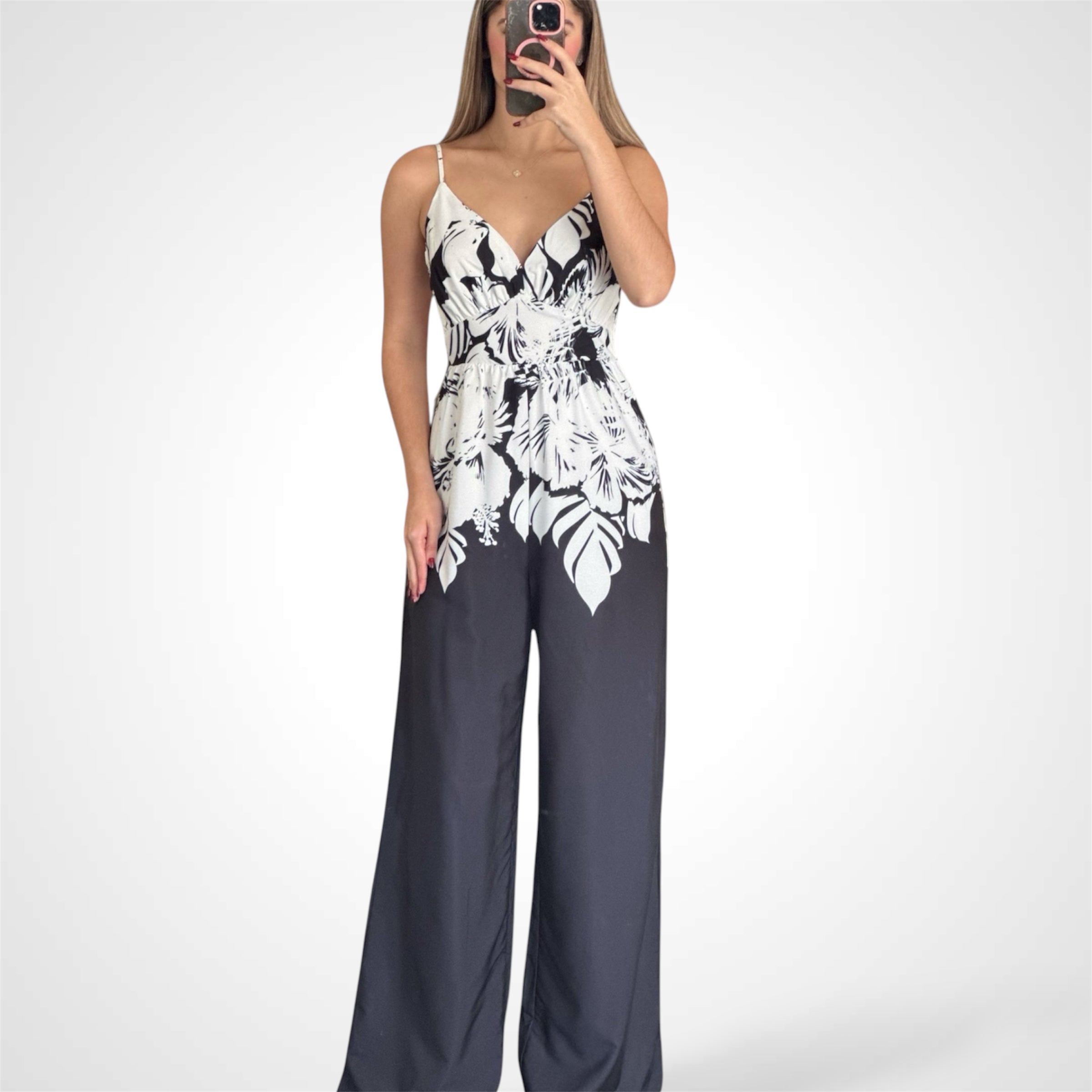 V-NECK BELTED MULTI PRINT WIDE LEG JUMPSUIT•-1