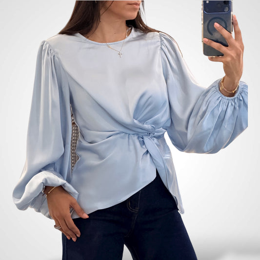 DUSTY BLUE TWISTED FRONT SILKY SATIN TOP