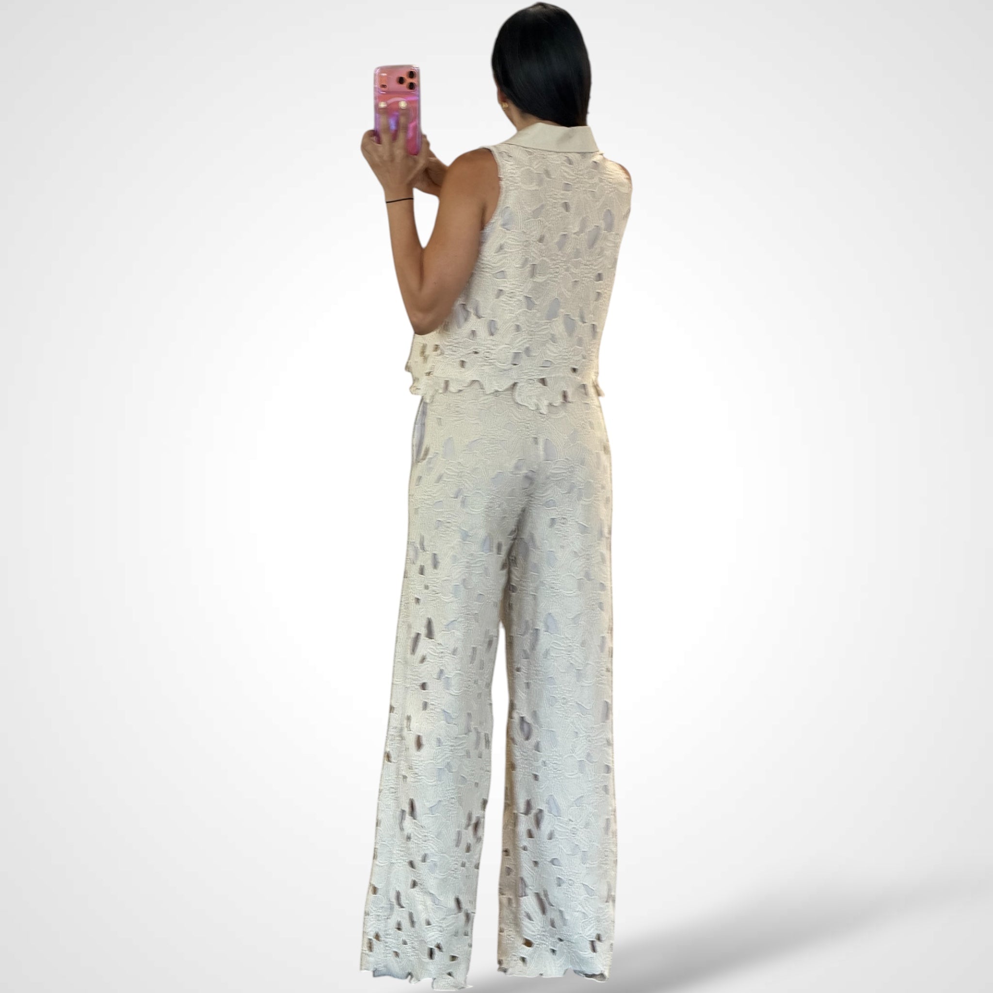 NATURAL CROCHET LACE BUTTON DOWN TOP W/PANTS SET-3