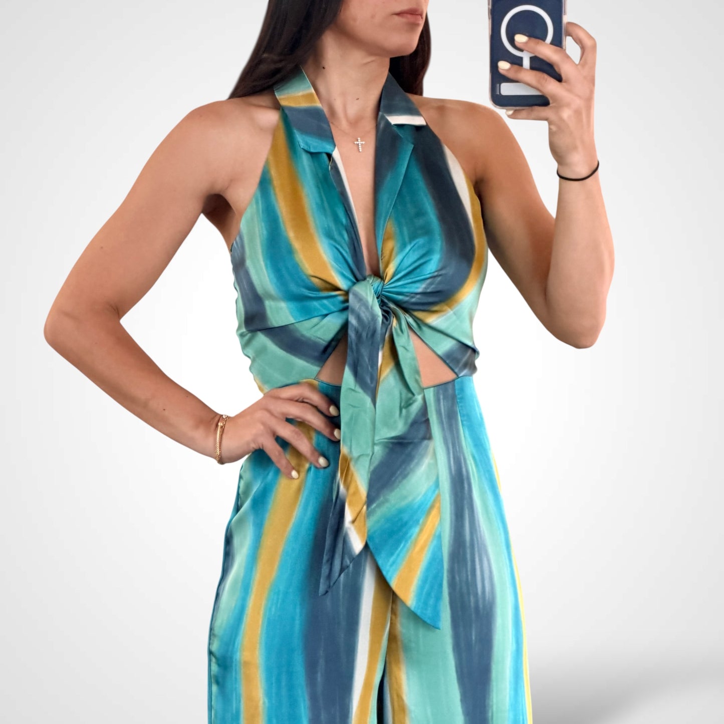 SJQ-TEXTURED STRIPE TIE FRONT JUMPSUIT