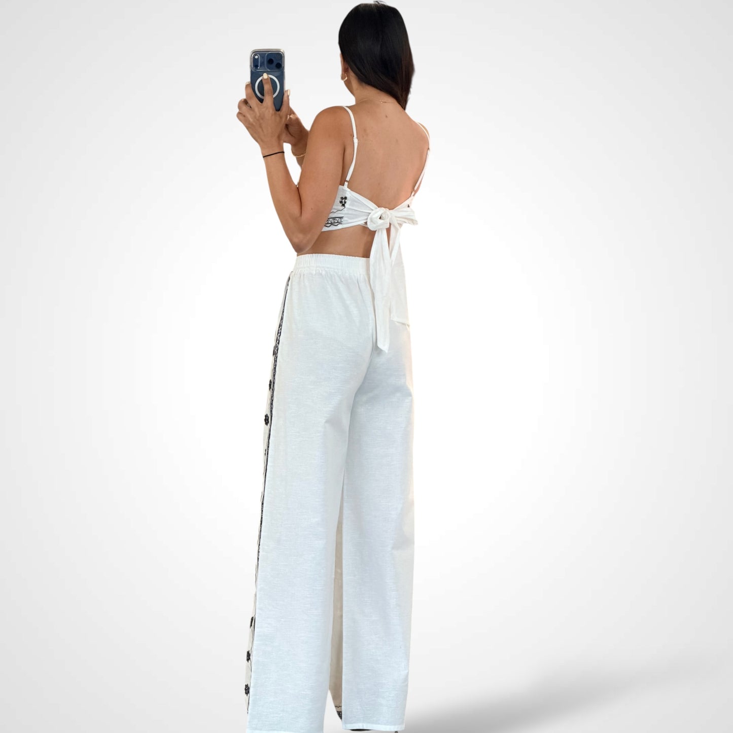 LINEN MIX EMBROIDERED SCARF TOP AND PANTS SET