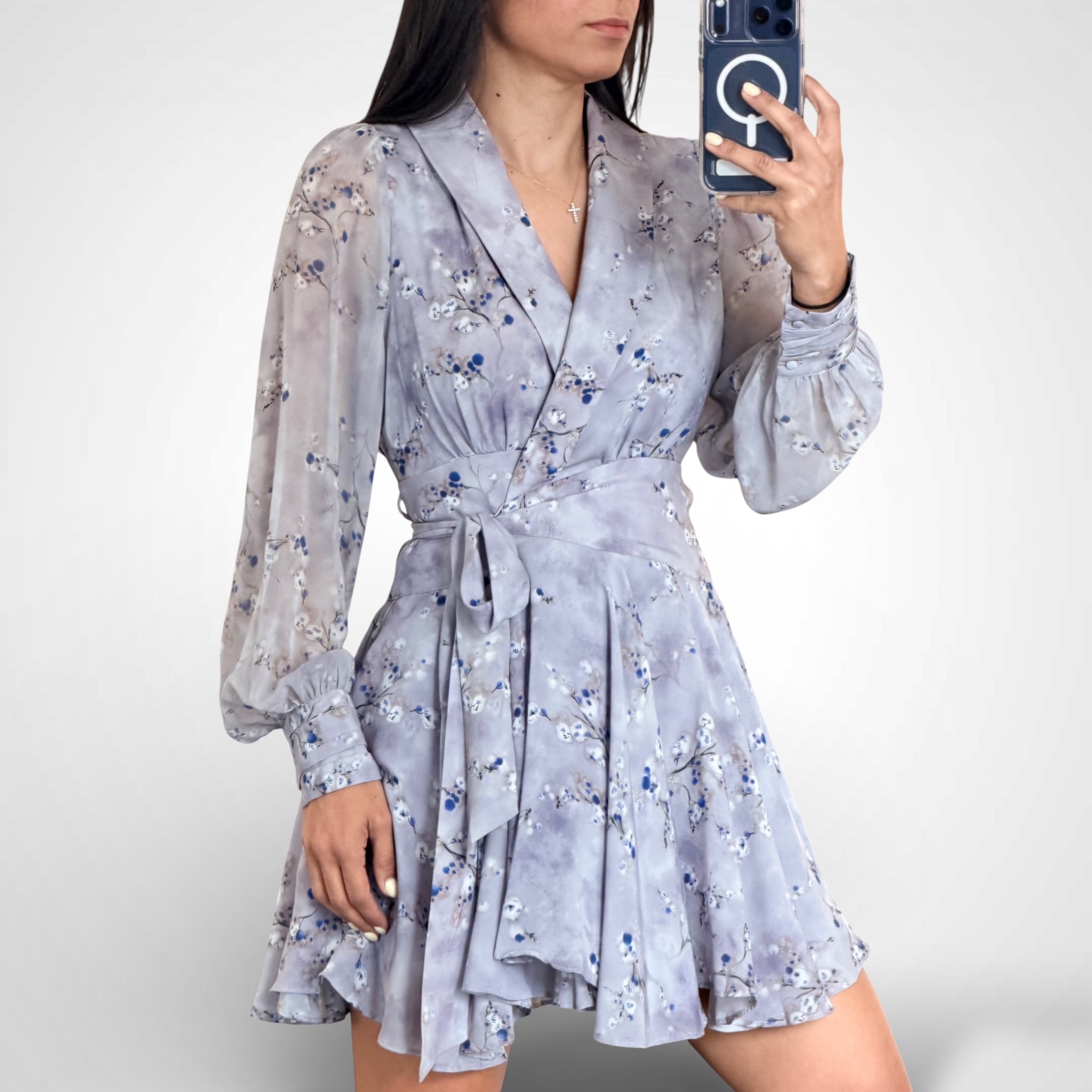 SJQ-Floral Print Wrap Mini Dress