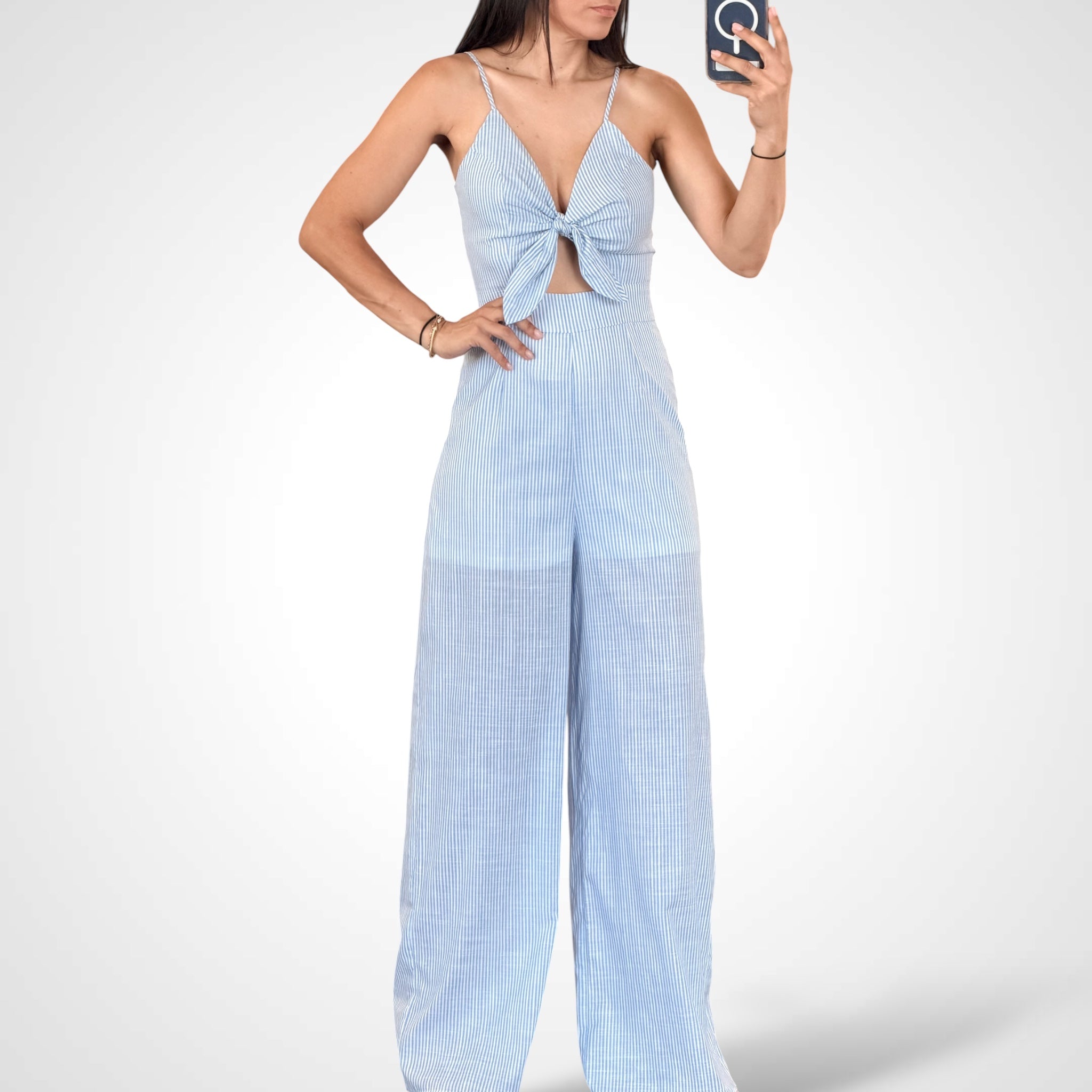 Sleeveless Front Cut Out Stripes Wide Leg Jumpsuit•