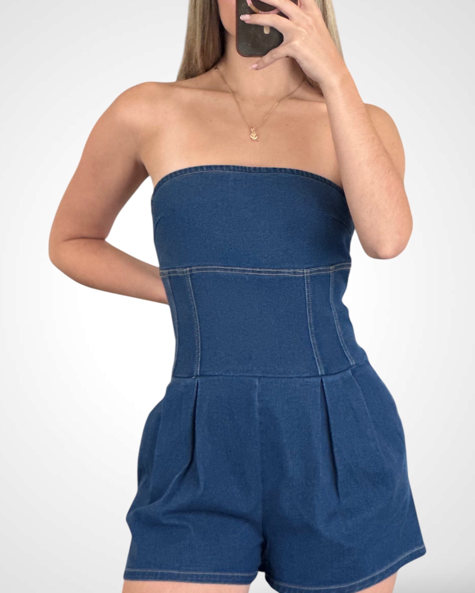 DENIM TUBE PLEATED ROMPER•