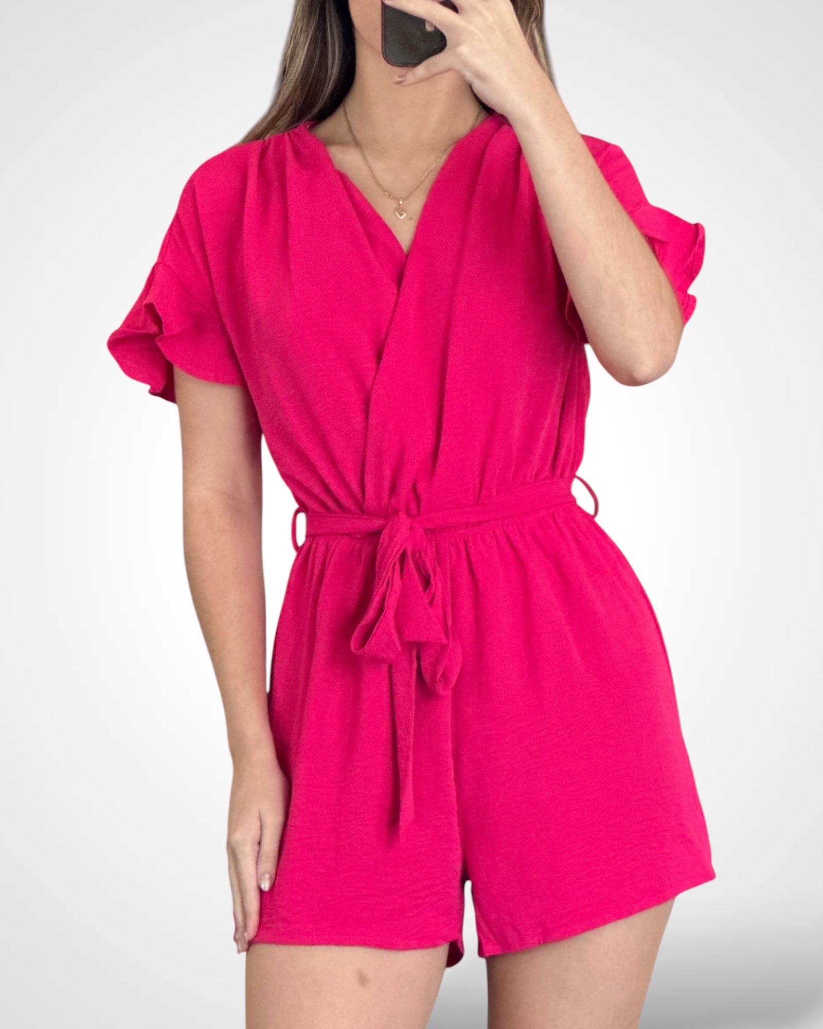 FUCHSIA RUFFLE SLEEVE SURPLICE WAIST SELF TIE ROMPER•