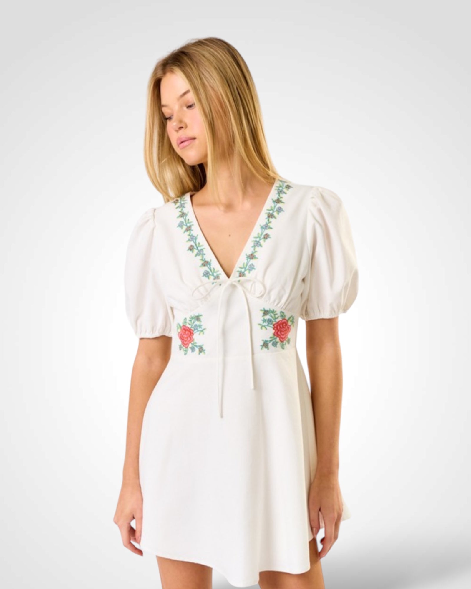 EMBROIDERED PUFF SLEEVE DRESS