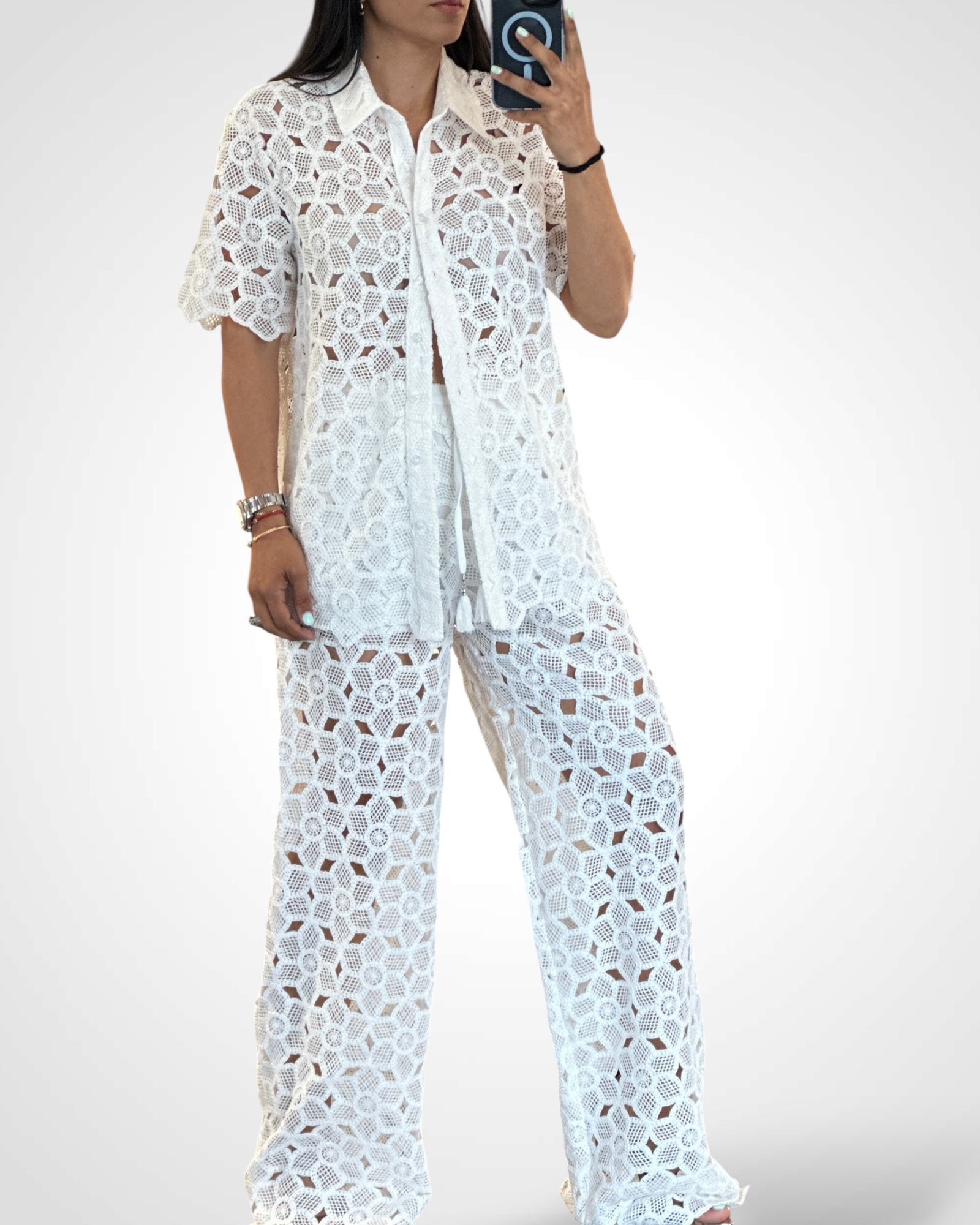 Short Sleeve Top And High Waist Crochet Pants Set White•