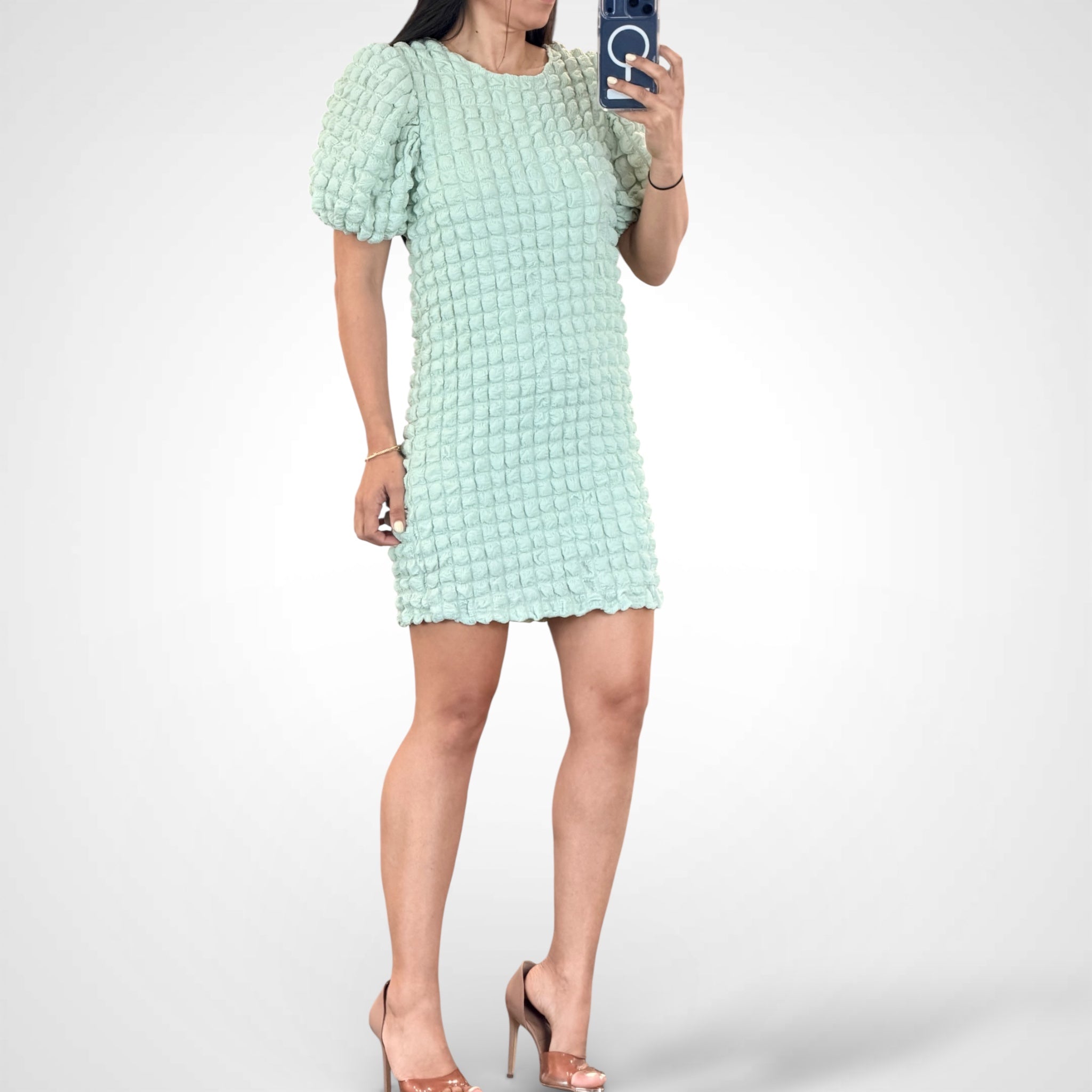 Puff Short Sleeves Textured Woven Mini Dress•-2