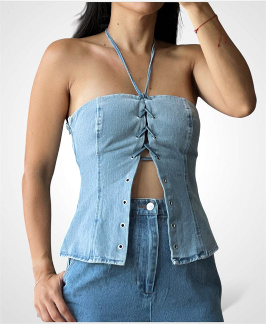 Denim Halter Neck Lace Up Top