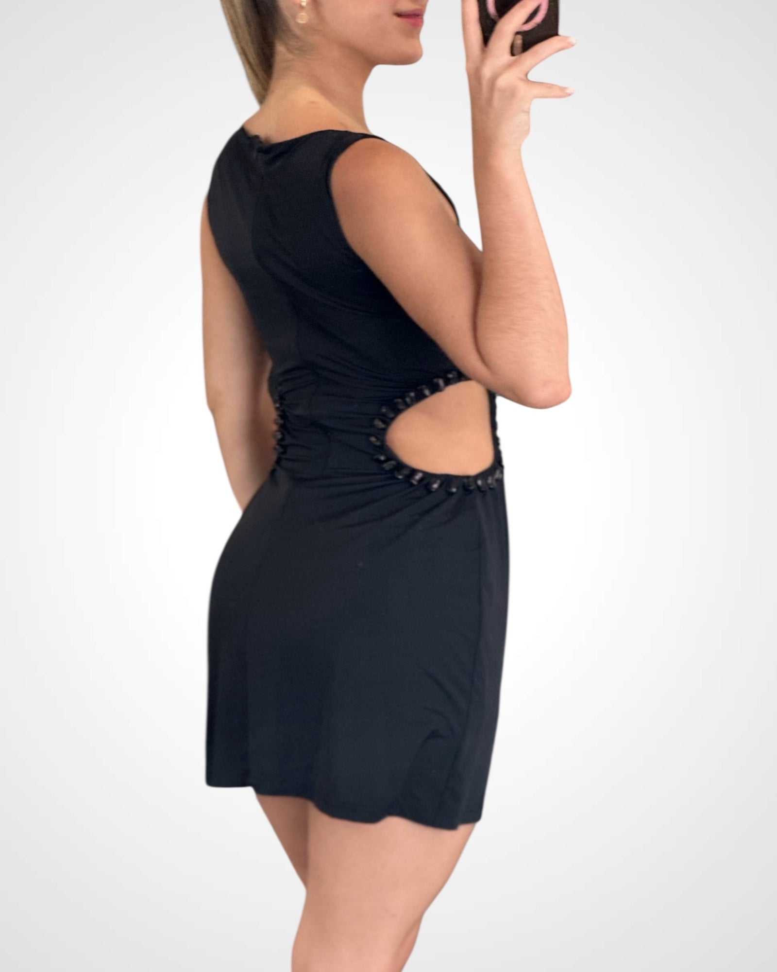 BLACK SIDE CUTOUT STONE EMBELISHMENT A-LINE MINI DRESS•-3