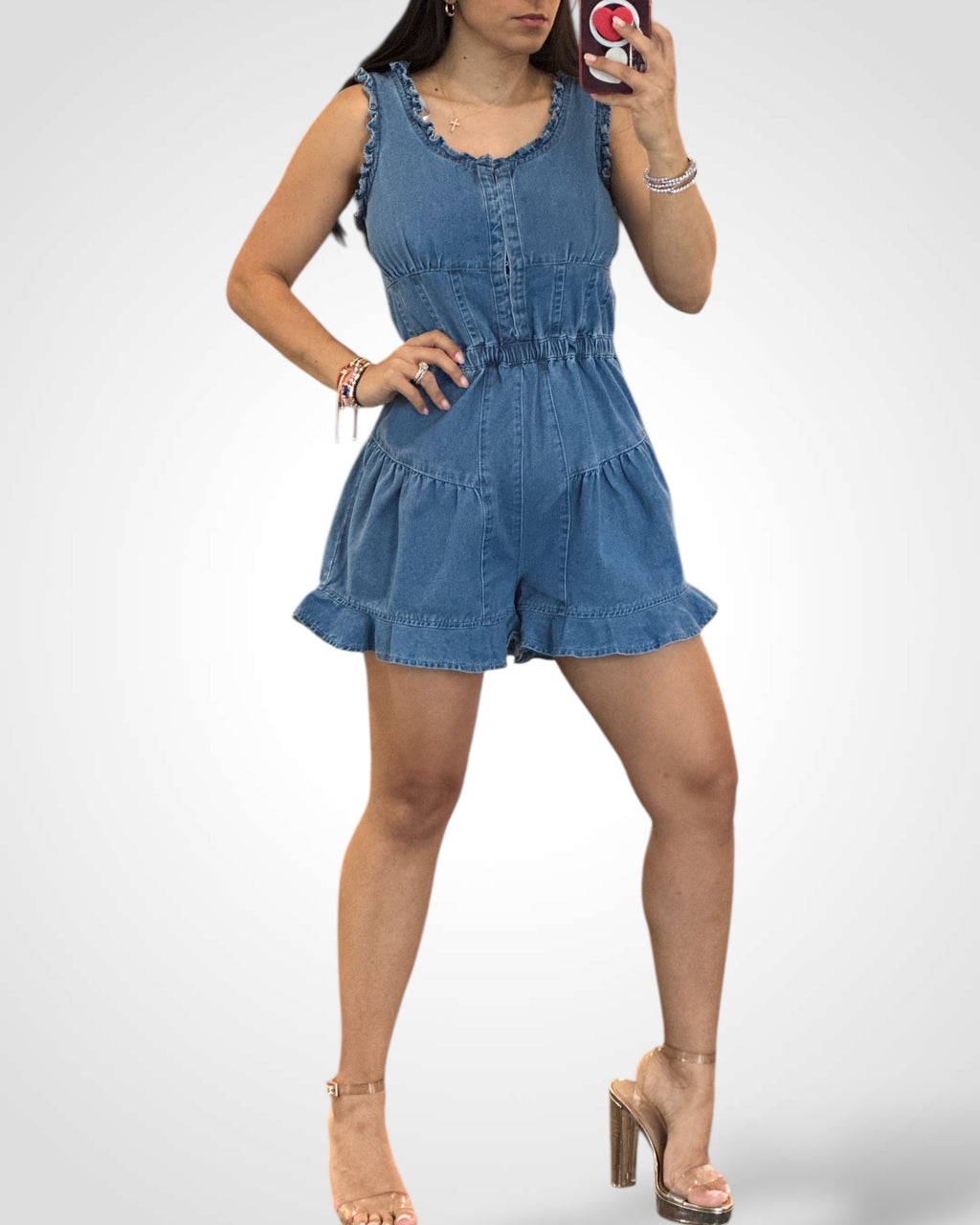 Denim Ruffle Trim Detail Romper