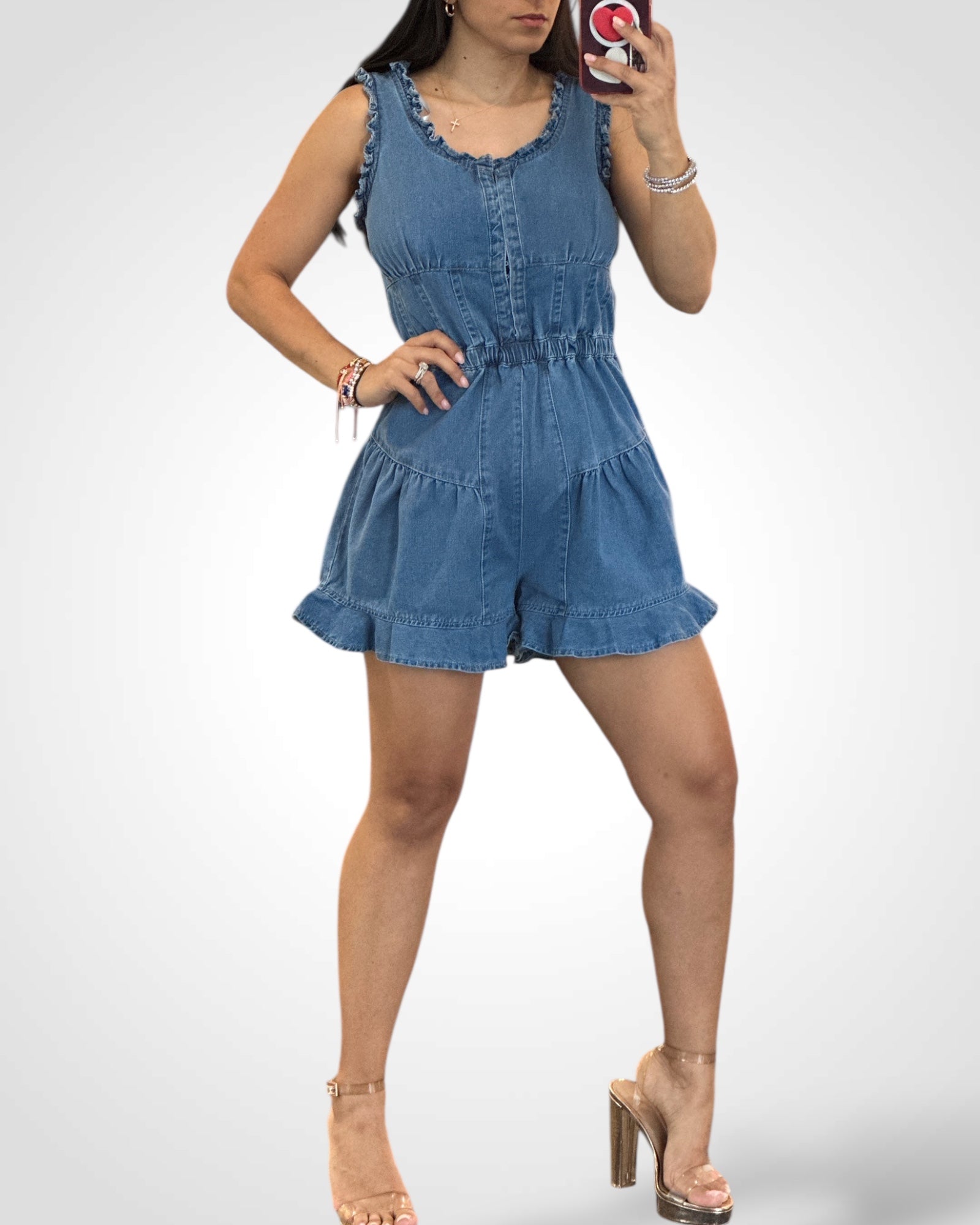 Denim Ruffle Trim Detail Romper