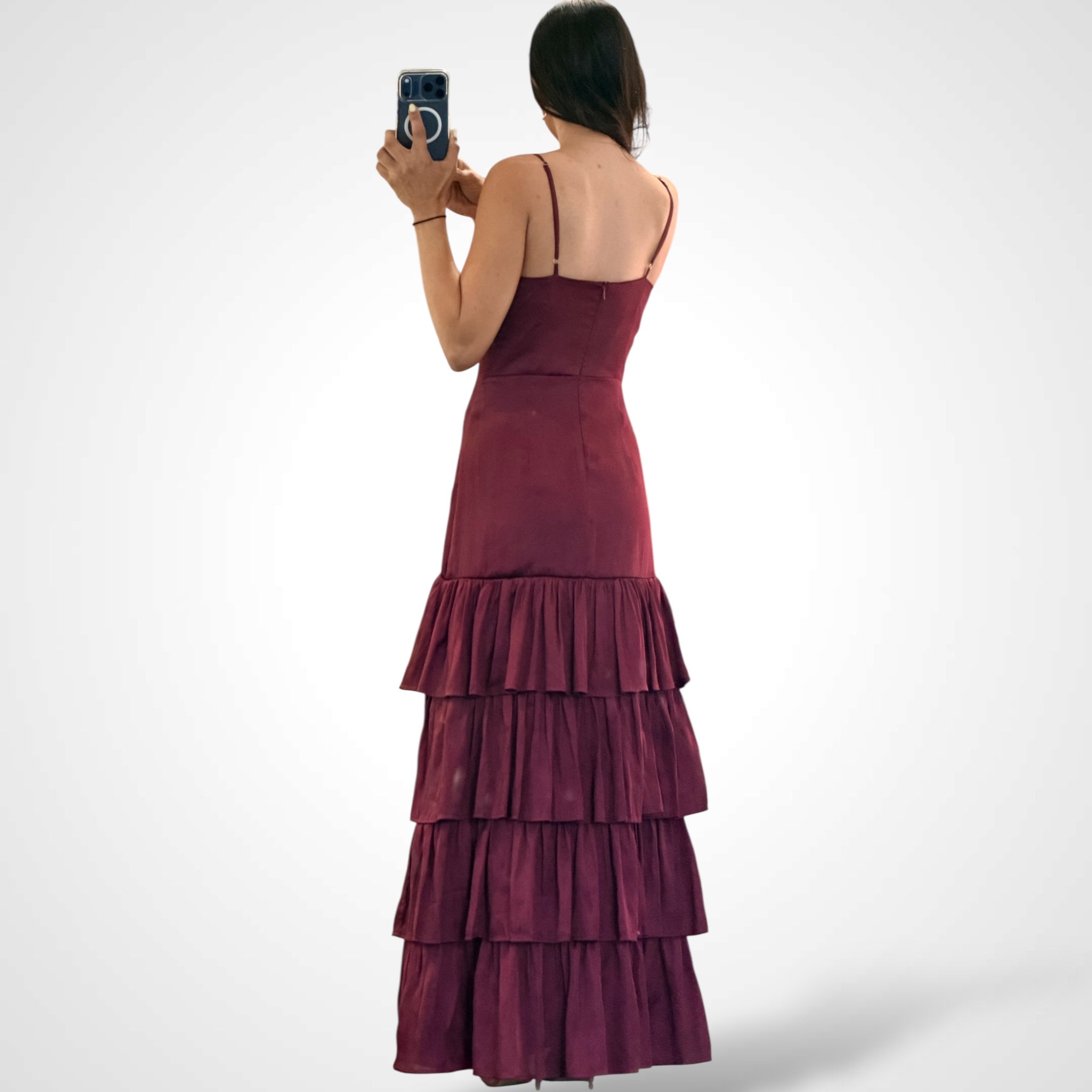 Burgundy Adjustable Spaghetti Strap Ruffle Tiered Dress•-3