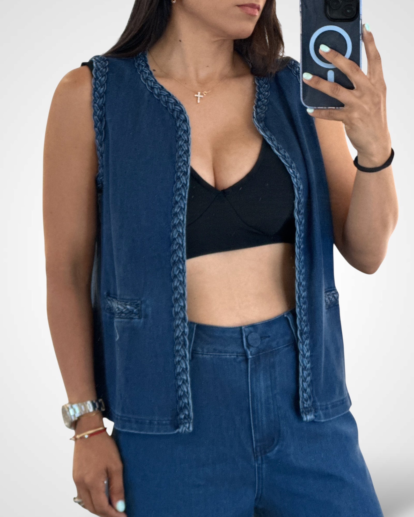 BRAIDED DENIM VEST AND PANTS SET