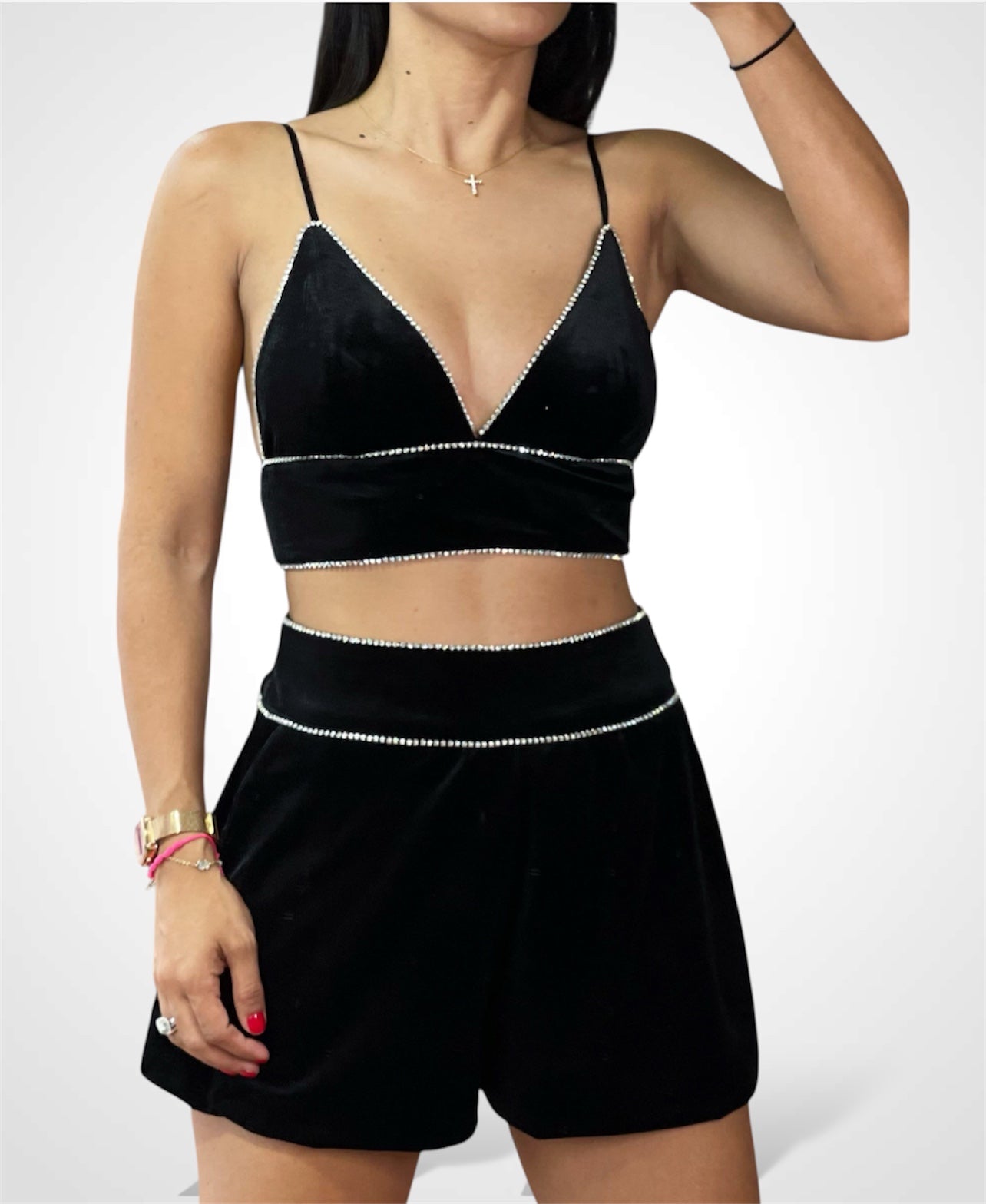 Rhinestone Trim Crop Top•-2