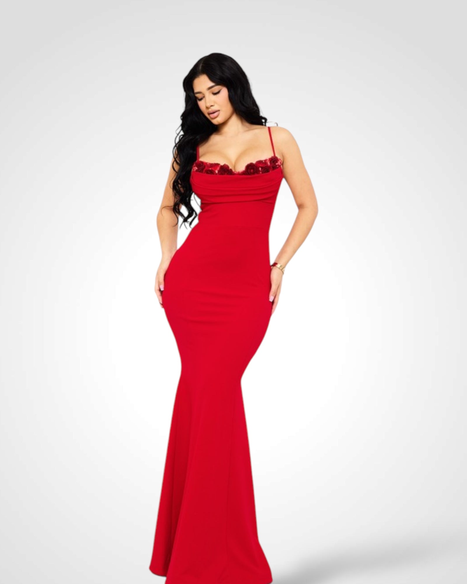 FLOWER EMBELLISHED BUST MERMAID MAXI DRESS•-6