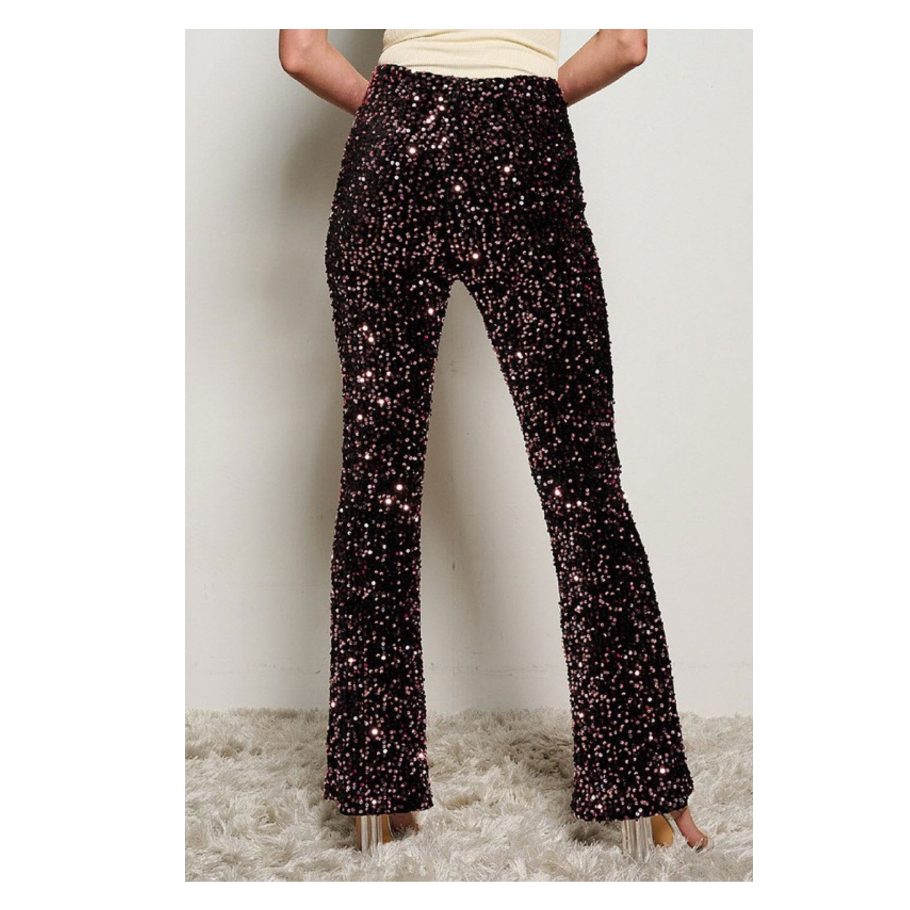 ZIP UP SEQUINS WIDE LEG PANTS