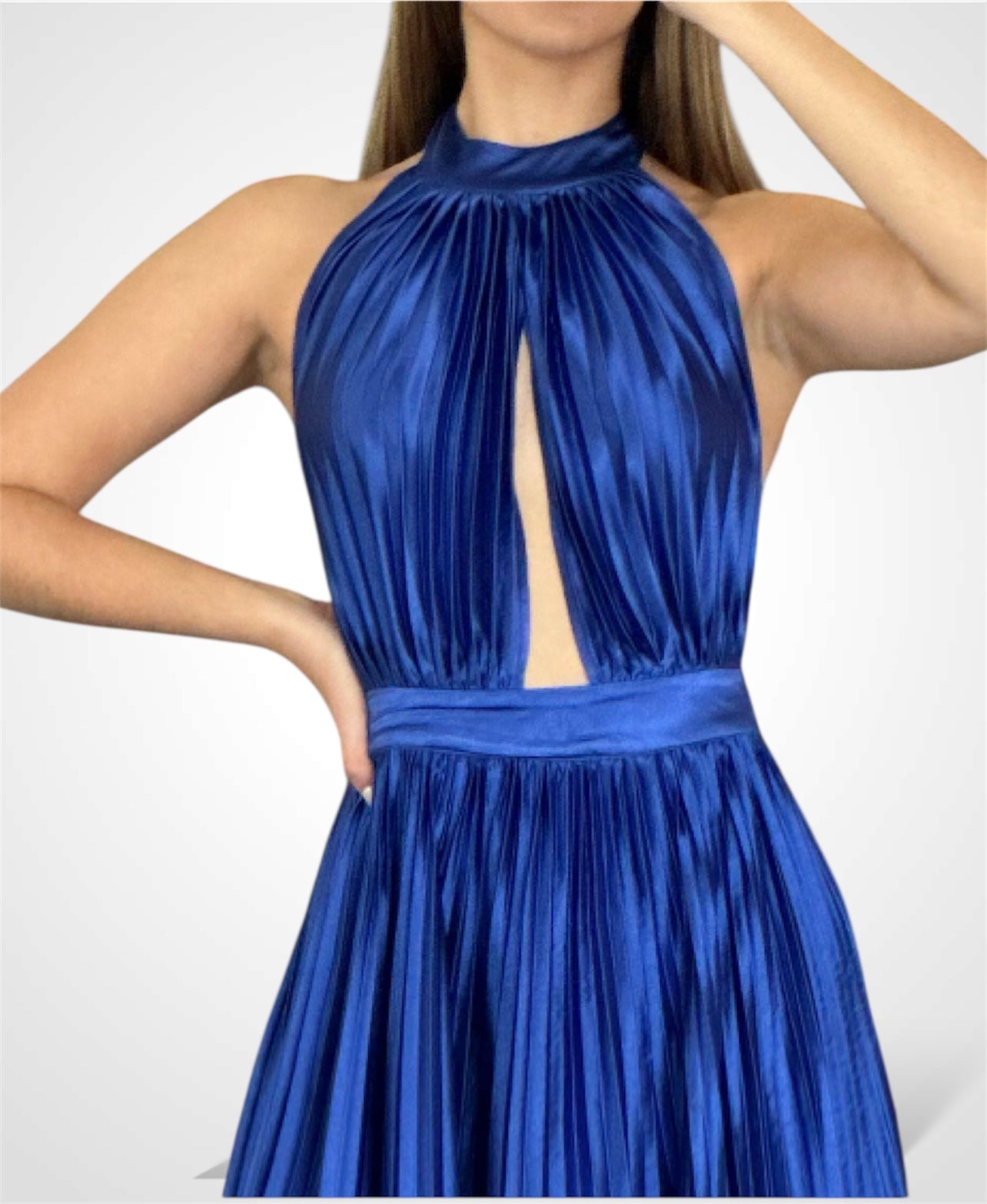 ROYAL BLUE SATIN PLEATED HALTER DRESS•-2