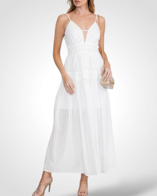 SJQ- V NECK RUCHED WAIST SWISS DOT MAXI DRESS