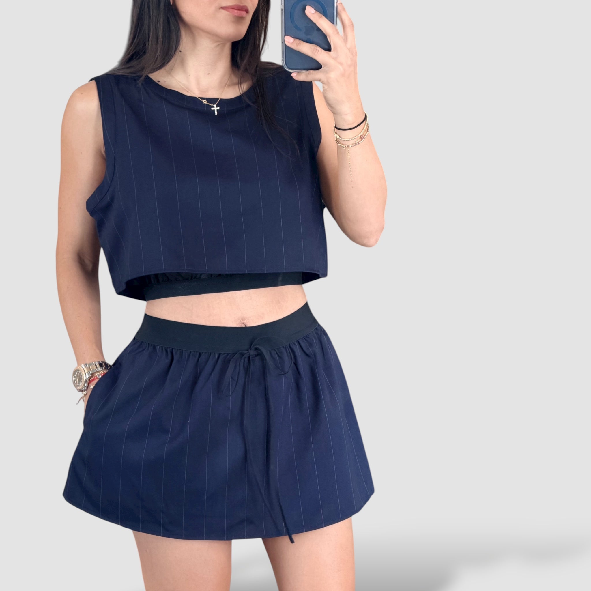 PIN STRIPE ELASTIC WAISTBAND MINI SKIRT•-2
