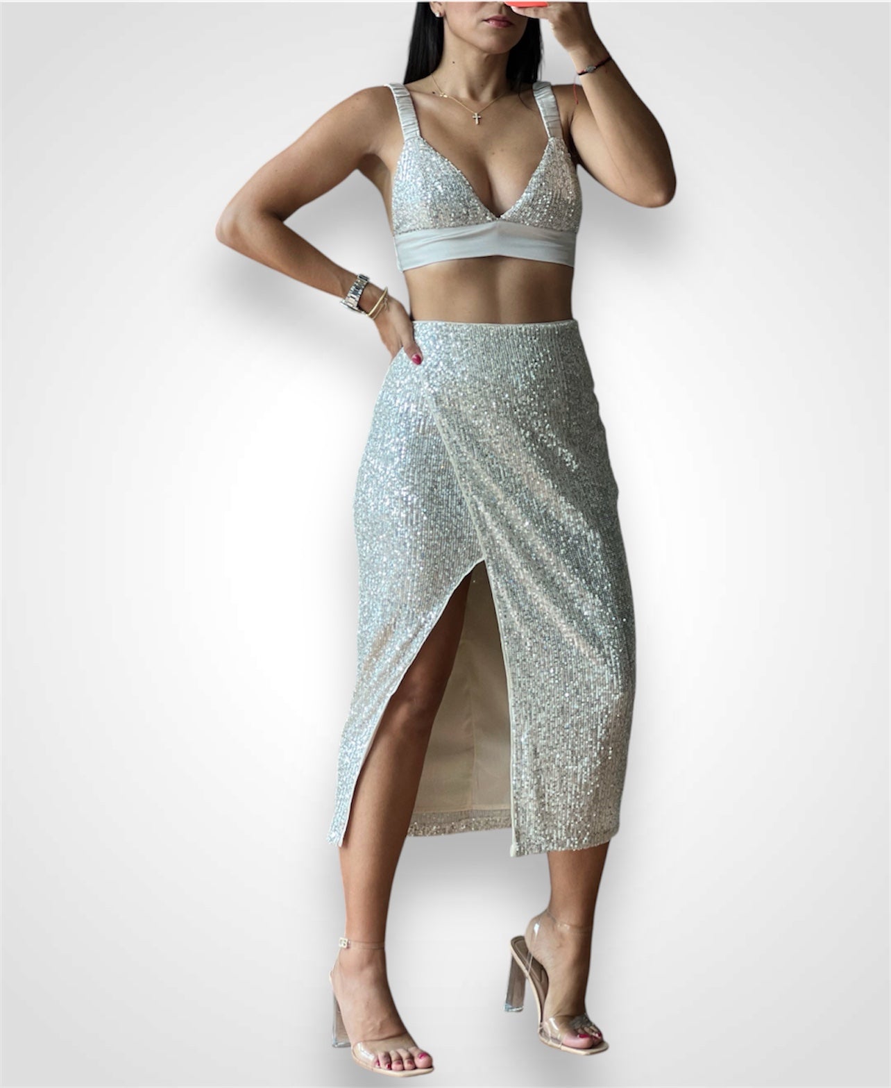 Ivory Sequin Side Slit Skirt