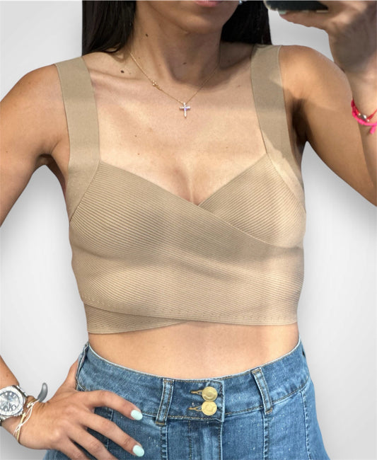 TAN CRISS CROSS CROPPED KNIT TOP